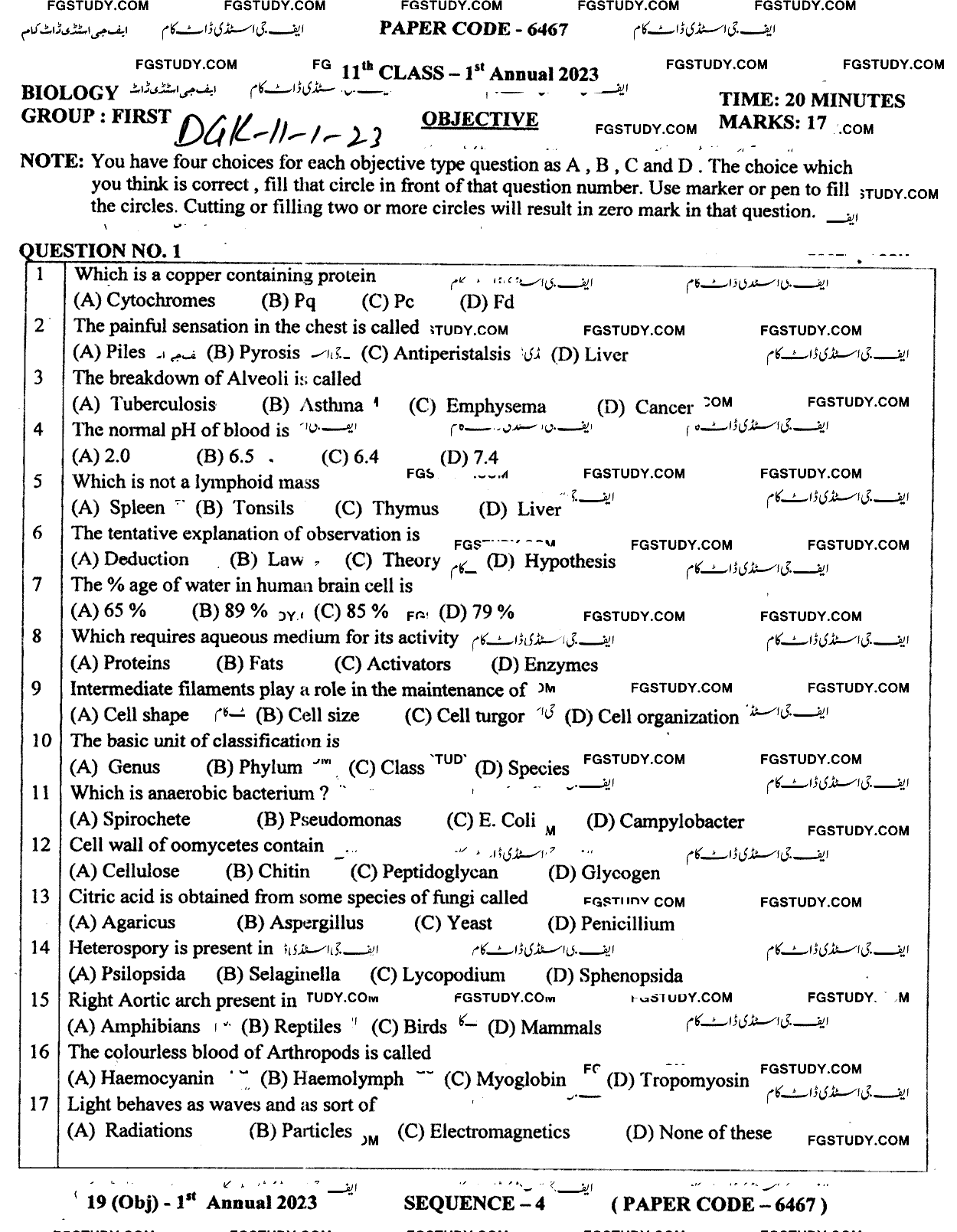 11th Class Biology Past Paper 2023 Dg Khan Board Group 1 Objective