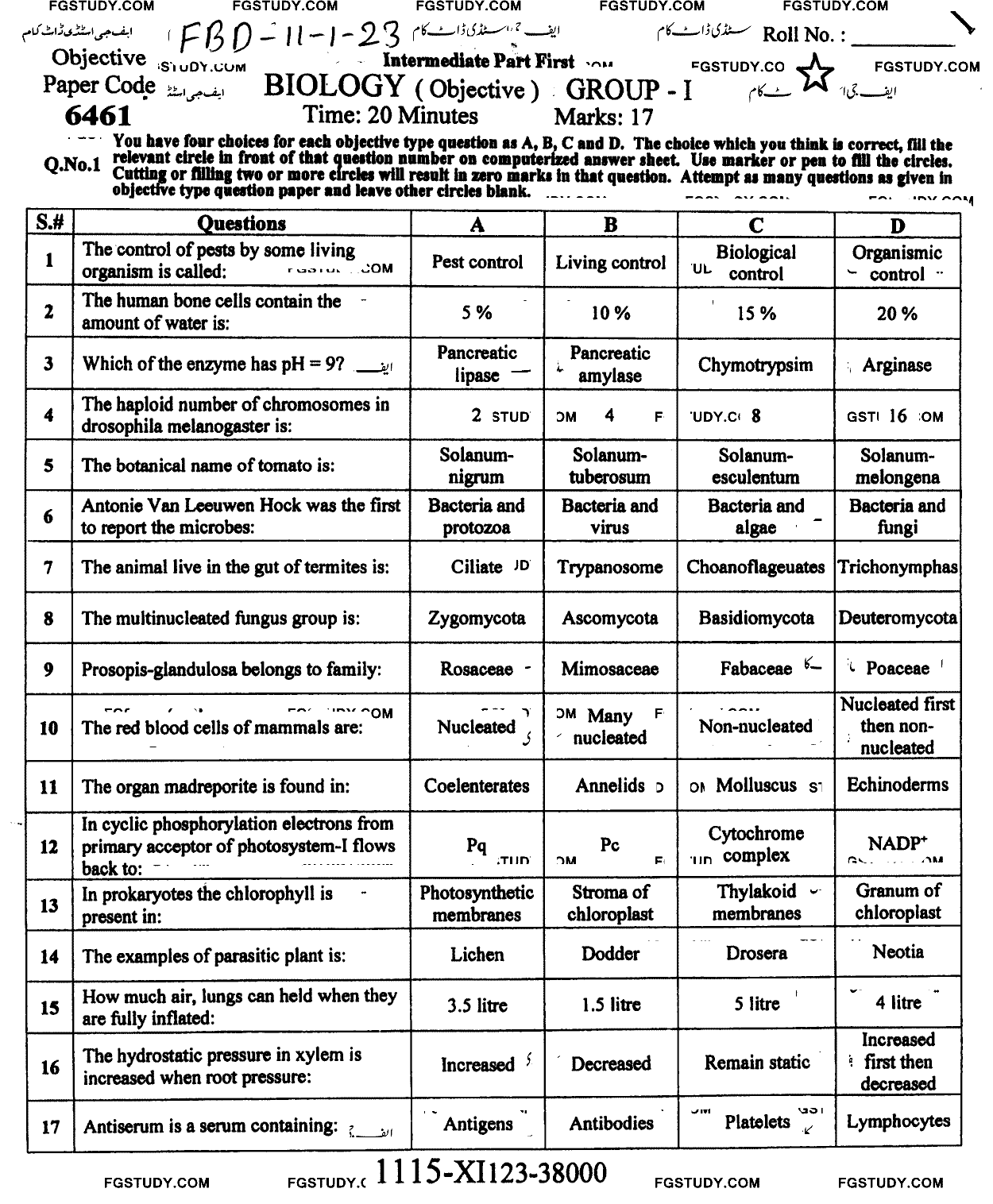 11th Class Biology Past Paper 2023 Faisalabad Board Group 1 Objective