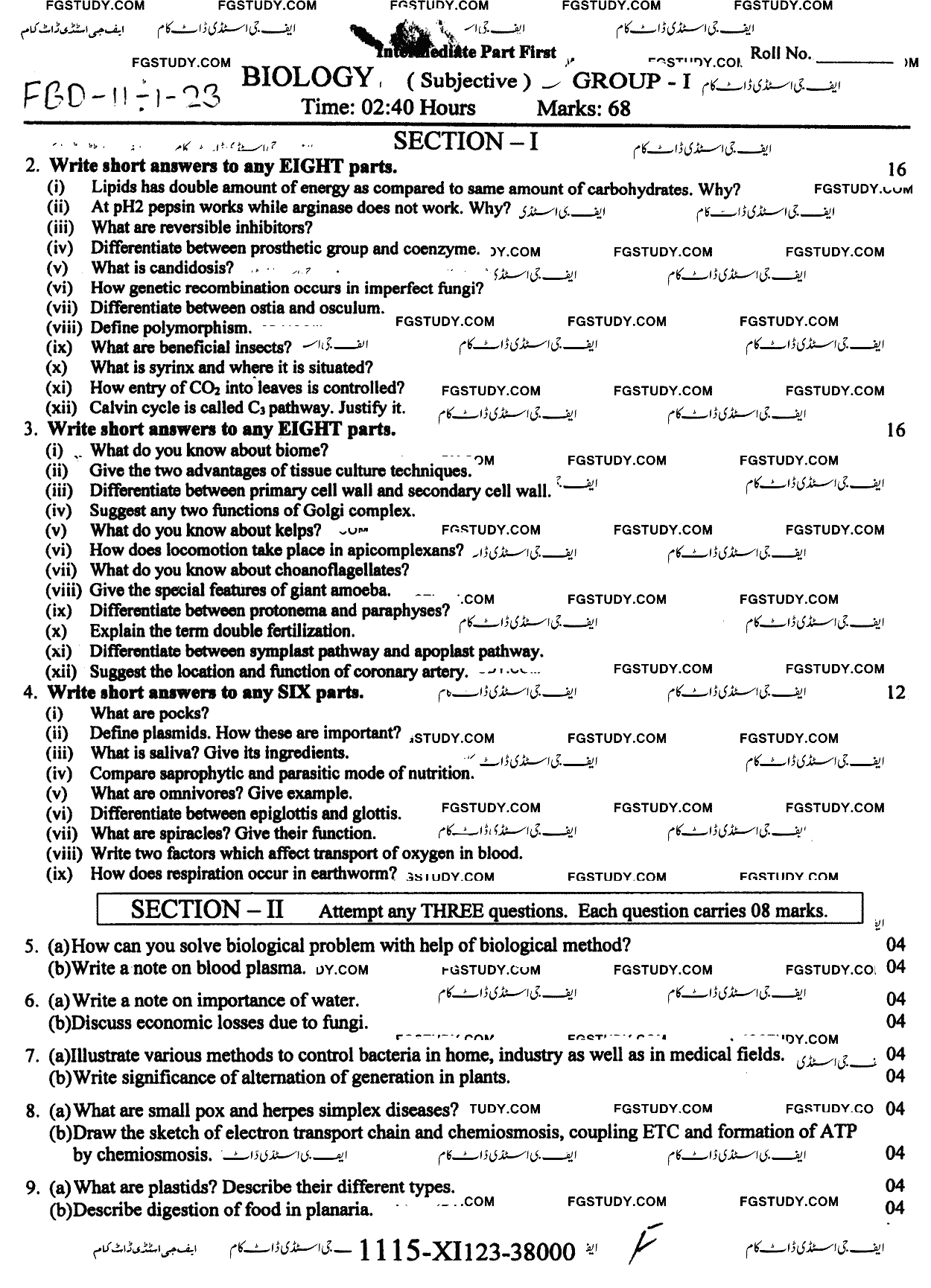 11th Class Biology Past Paper 2023 Faisalabad Board Group 1 Subjective