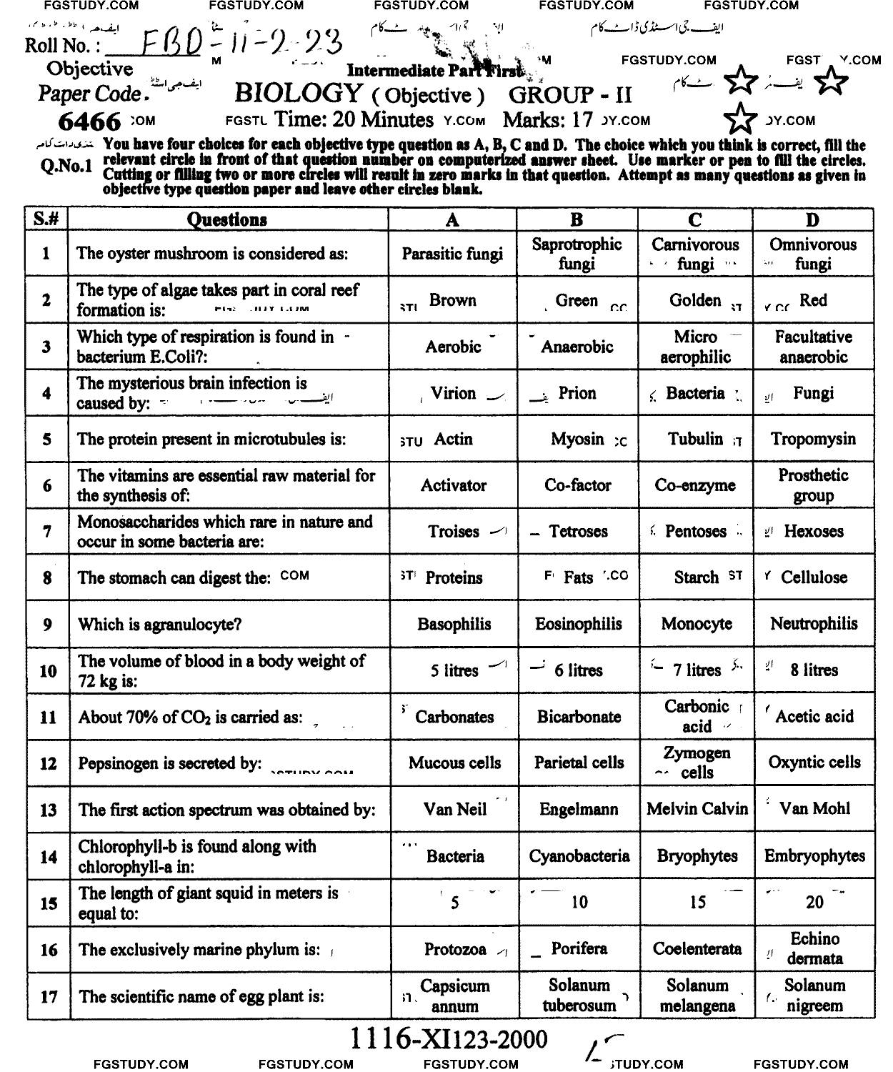 11th Class Biology Past Paper 2023 Faisalabad Board Group 2 Objective
