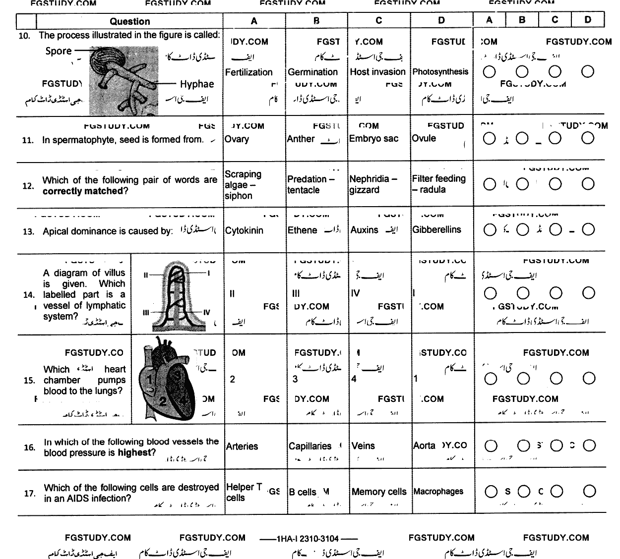 11th Class Biology Past Paper 2023 Federal Board Islamabad Objective