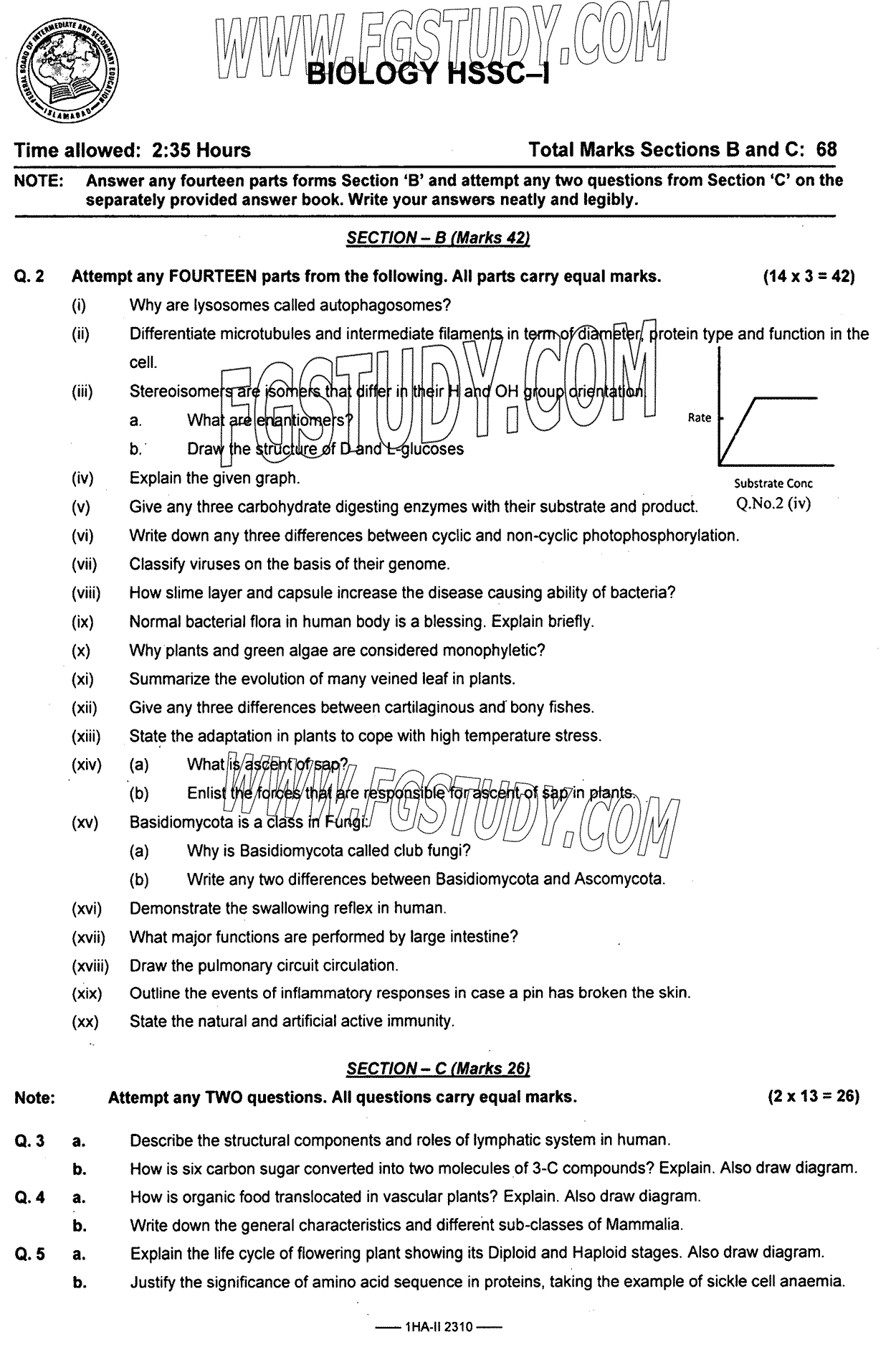 11th Class Biology Past Paper 2023 Federal Board Islamabad Subjective