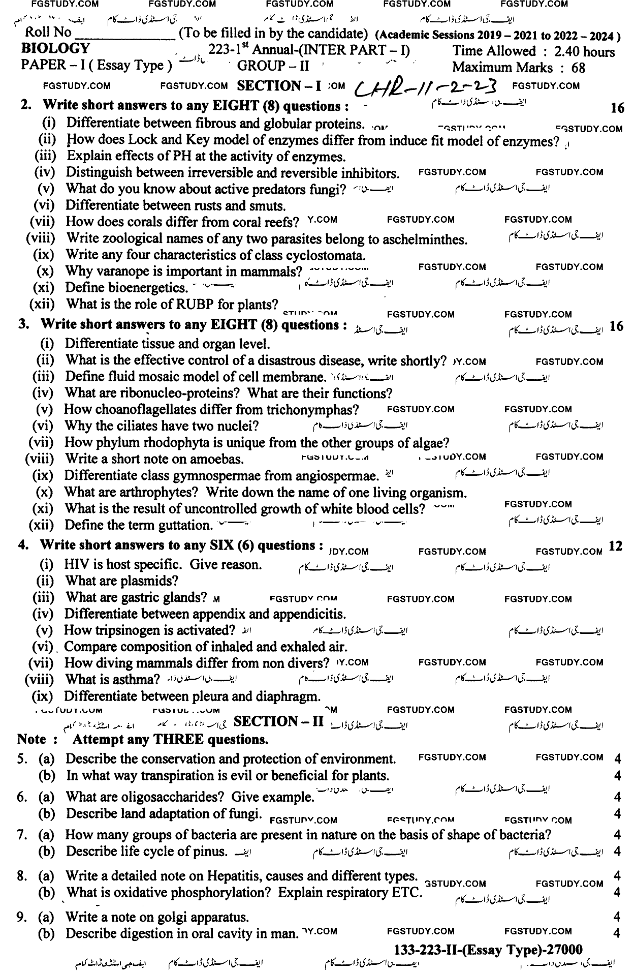 11th Class Biology Past Paper 2023 Lahore Board Group 2 Subjective