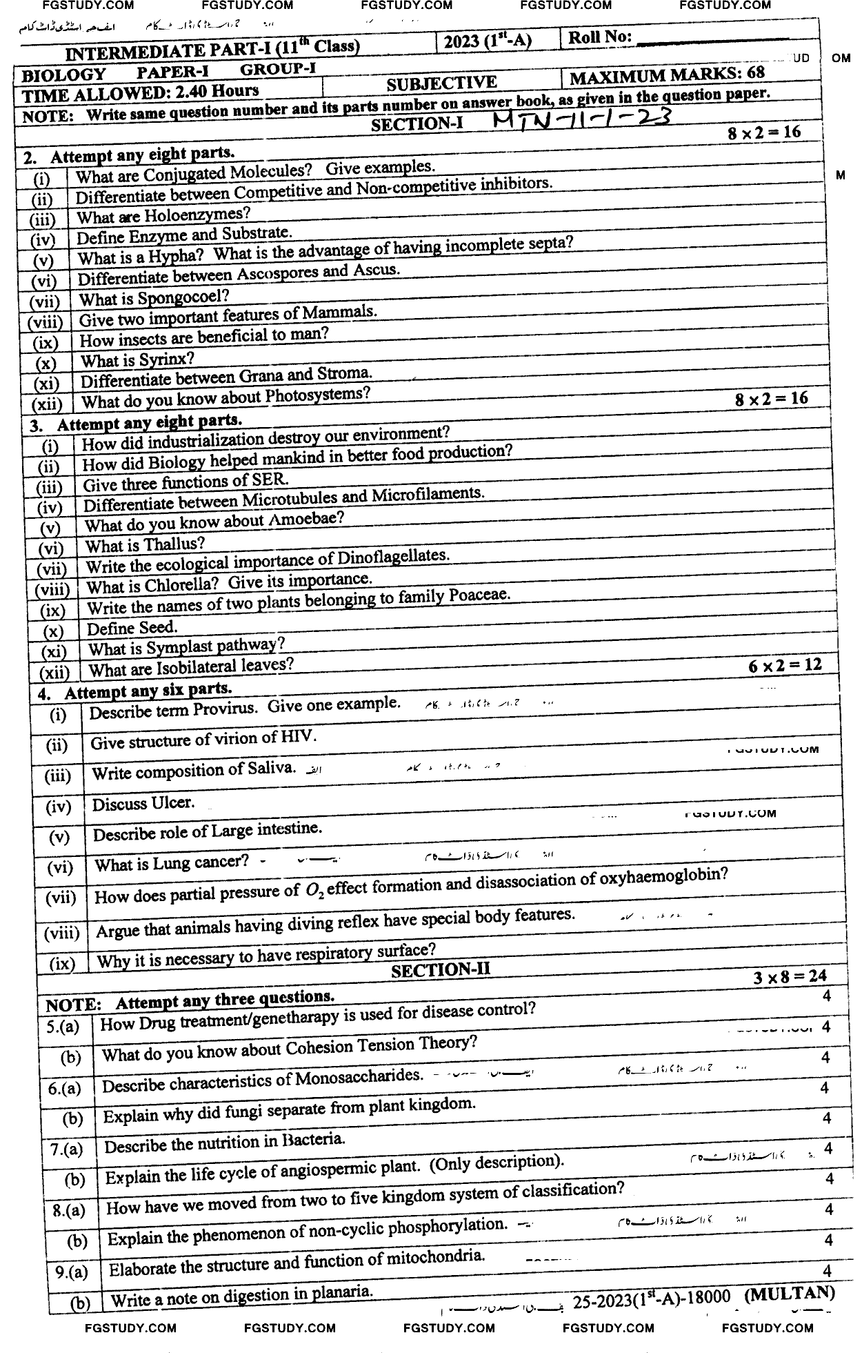 11th Class Biology Past Paper 2023 Multan Board Group 1 Subjective