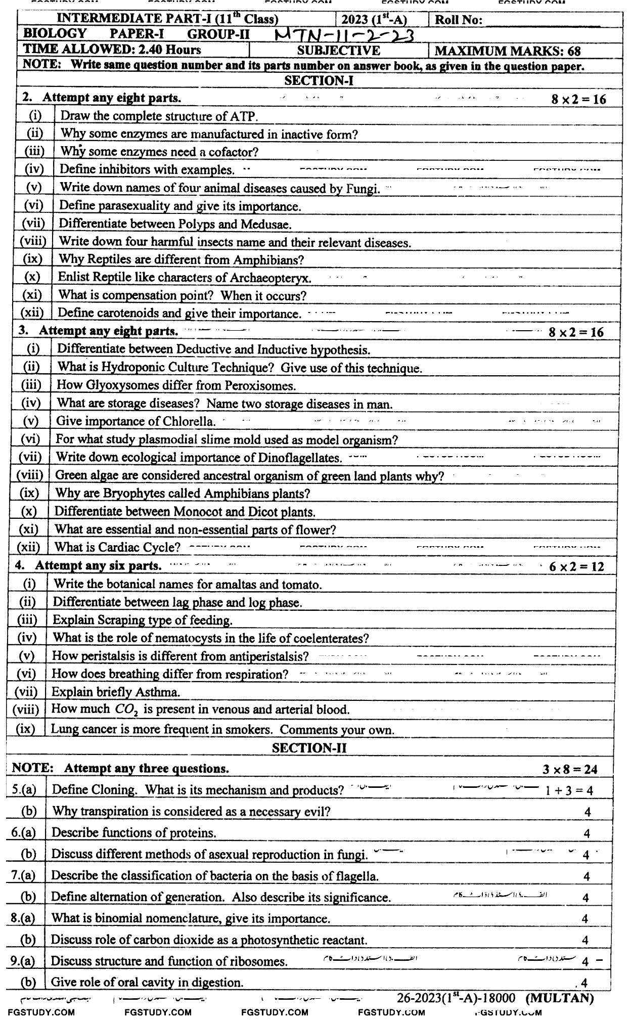 11th Class Biology Past Paper 2023 Multan Board Group 2 Subjective