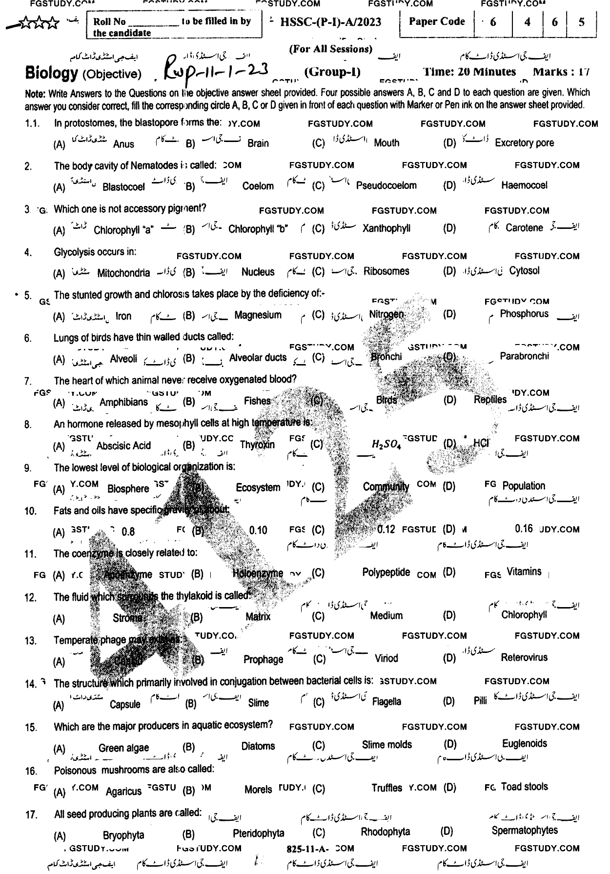 11th Class Biology Past Paper 2023 Rawalpindi Board Group 1 Objective