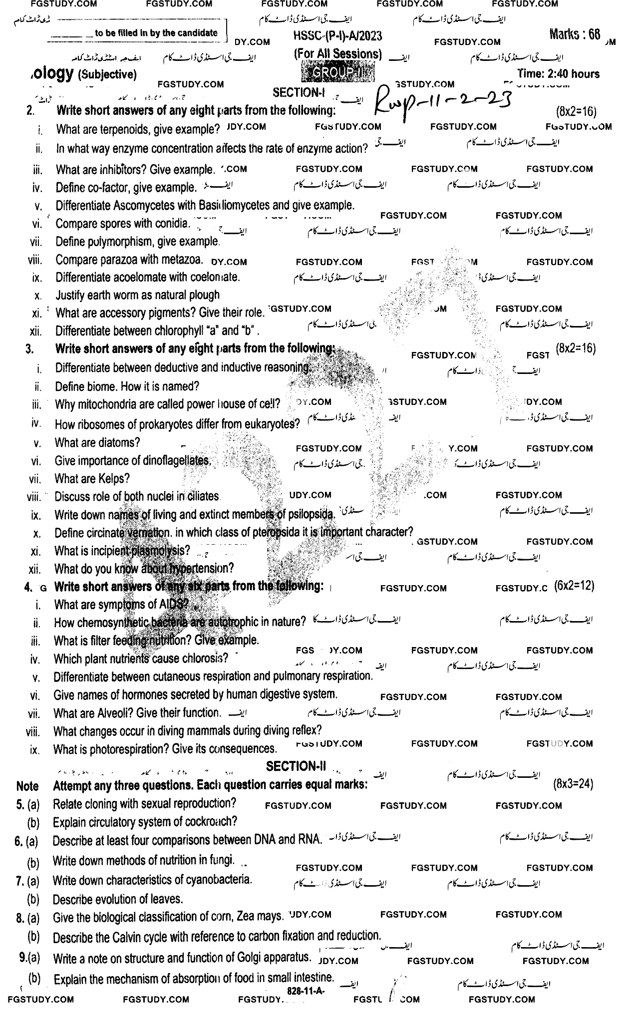 11th Class Biology Past Paper 2023 Rawalpindi Board Group 2 Subjective