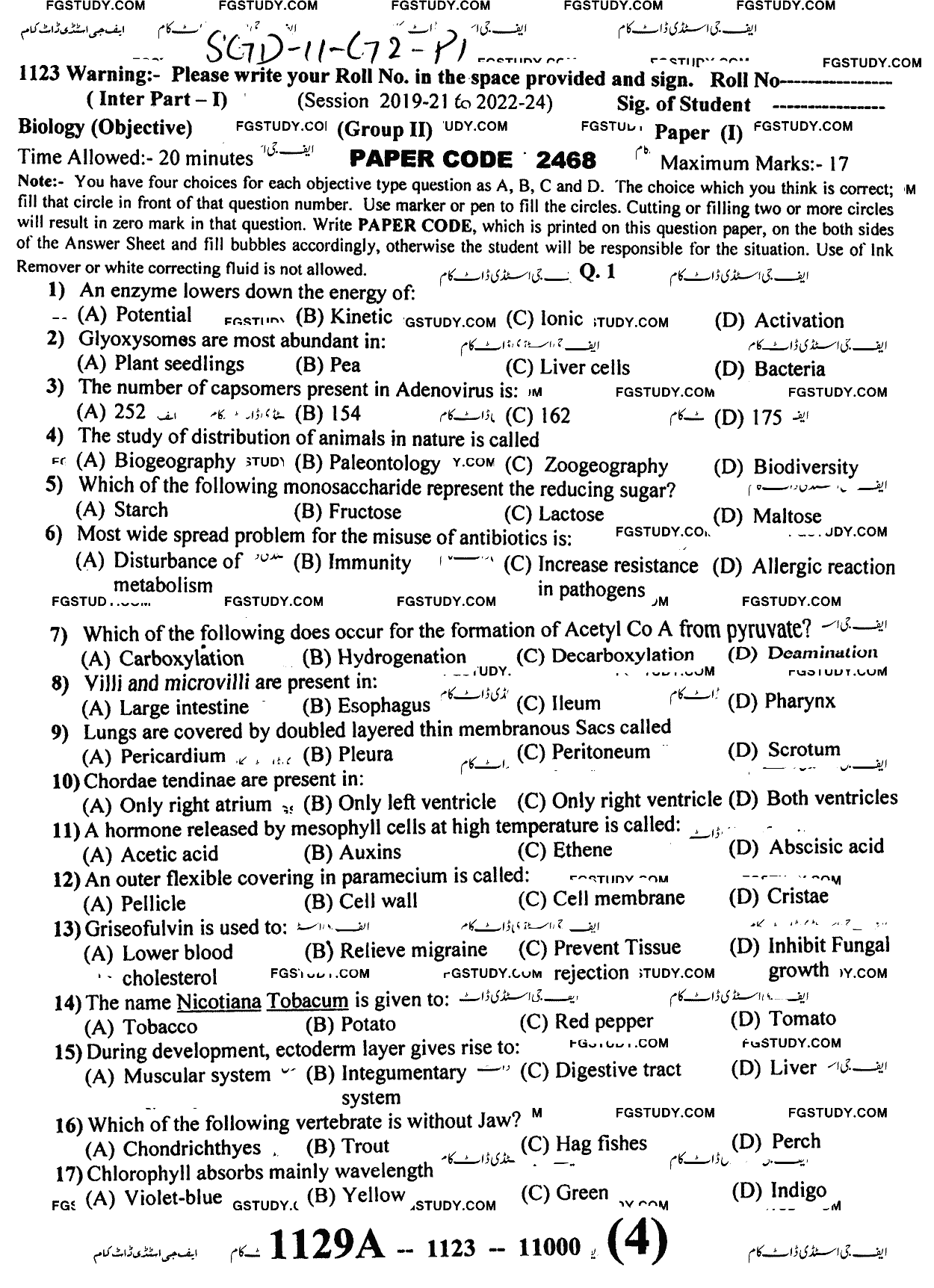 11th Class Biology Past Paper 2023 Sargodha Board Group 2 Objective