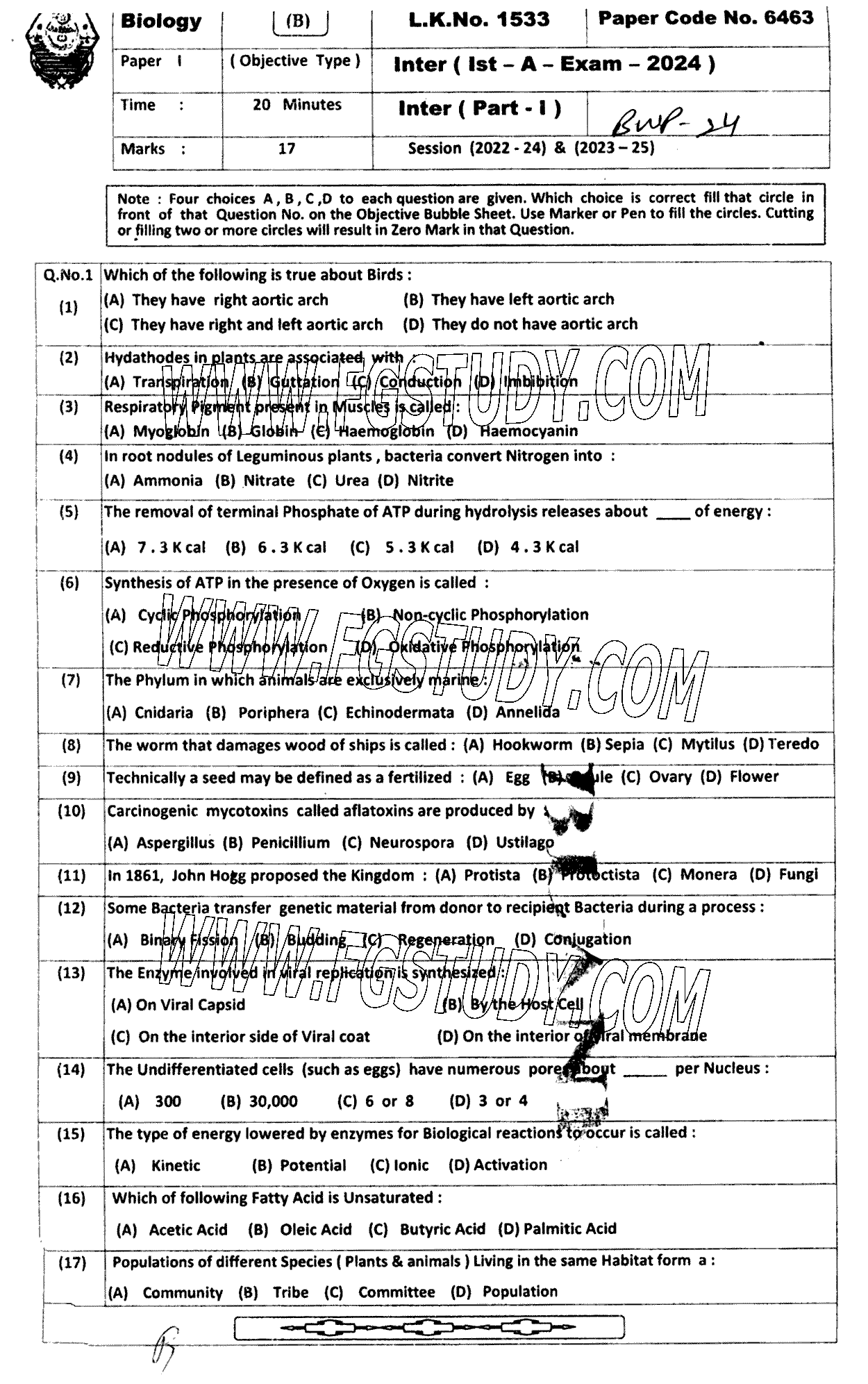 11th Class Biology Past Paper 2024 Bahawalpur Board Objective