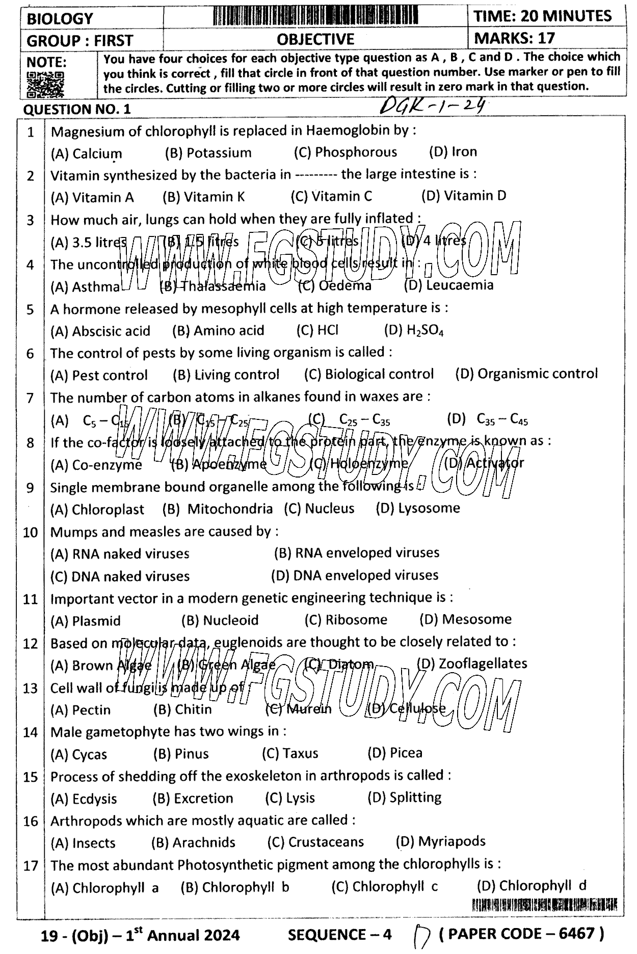 11th Class Biology Past Paper 2024 Dg Khan Board Group 1 Objective