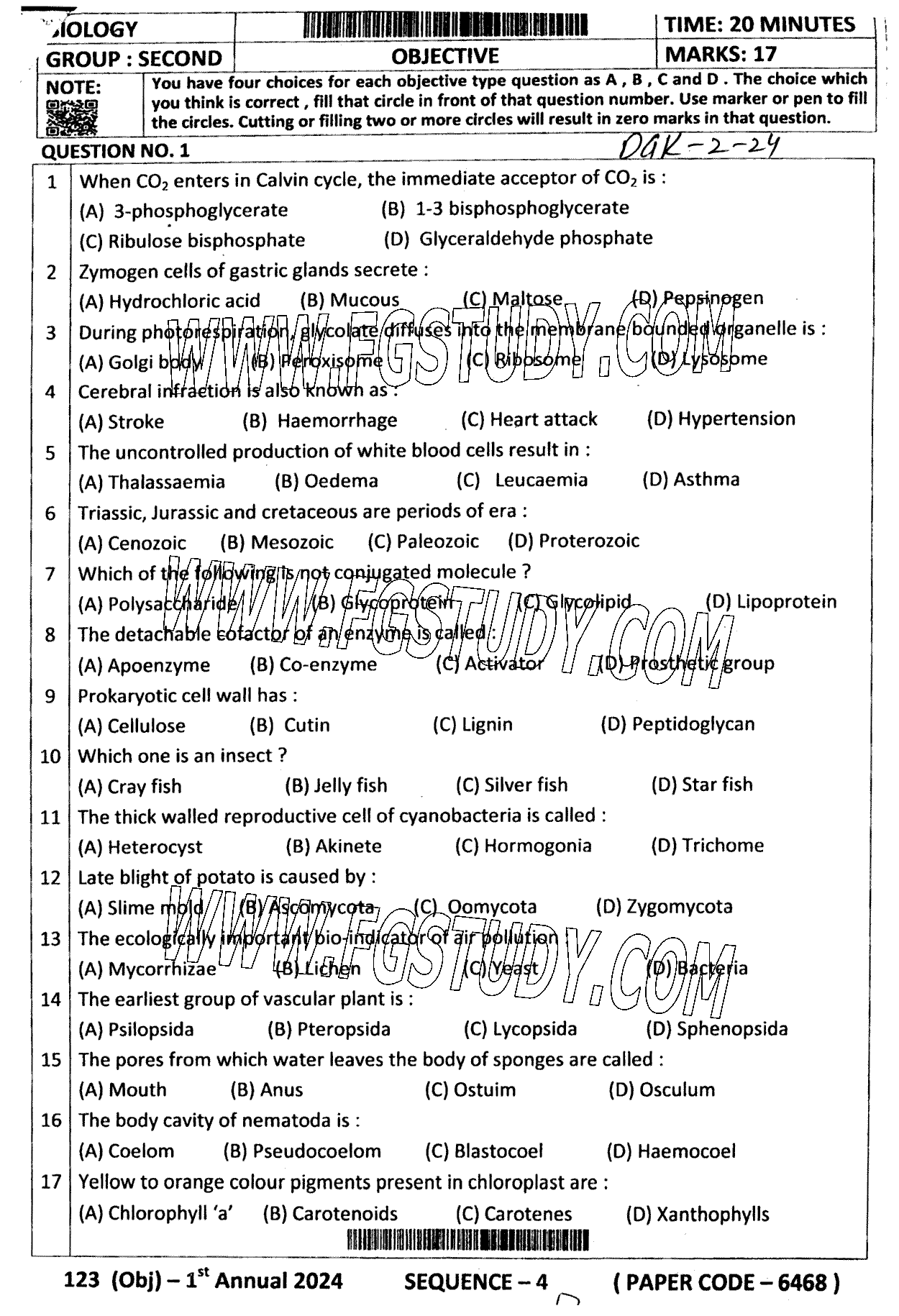 11th Class Biology Past Paper 2024 Dg Khan Board Group 2 Objective