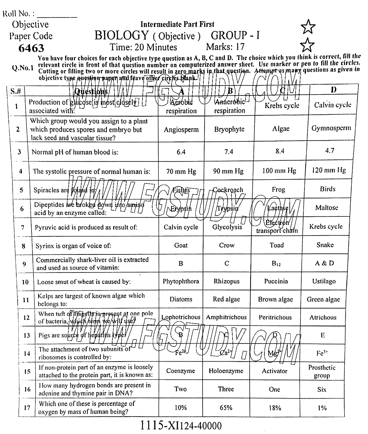 11th Class Biology Past Paper 2024 Faisalabad Board Group 1 Objective