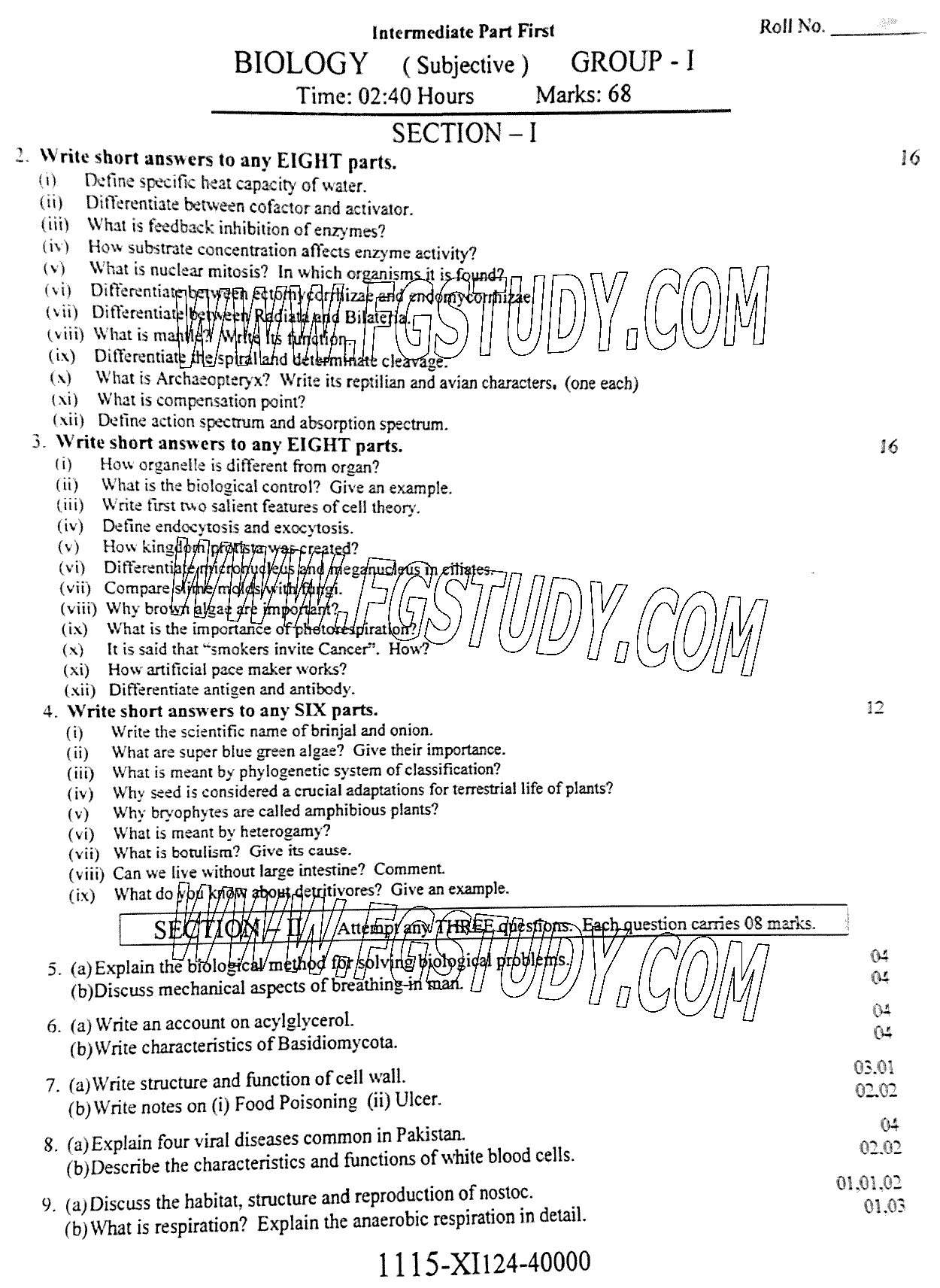 11th Class Biology Past Paper 2024 Faisalabad Board Group 1 Subjective