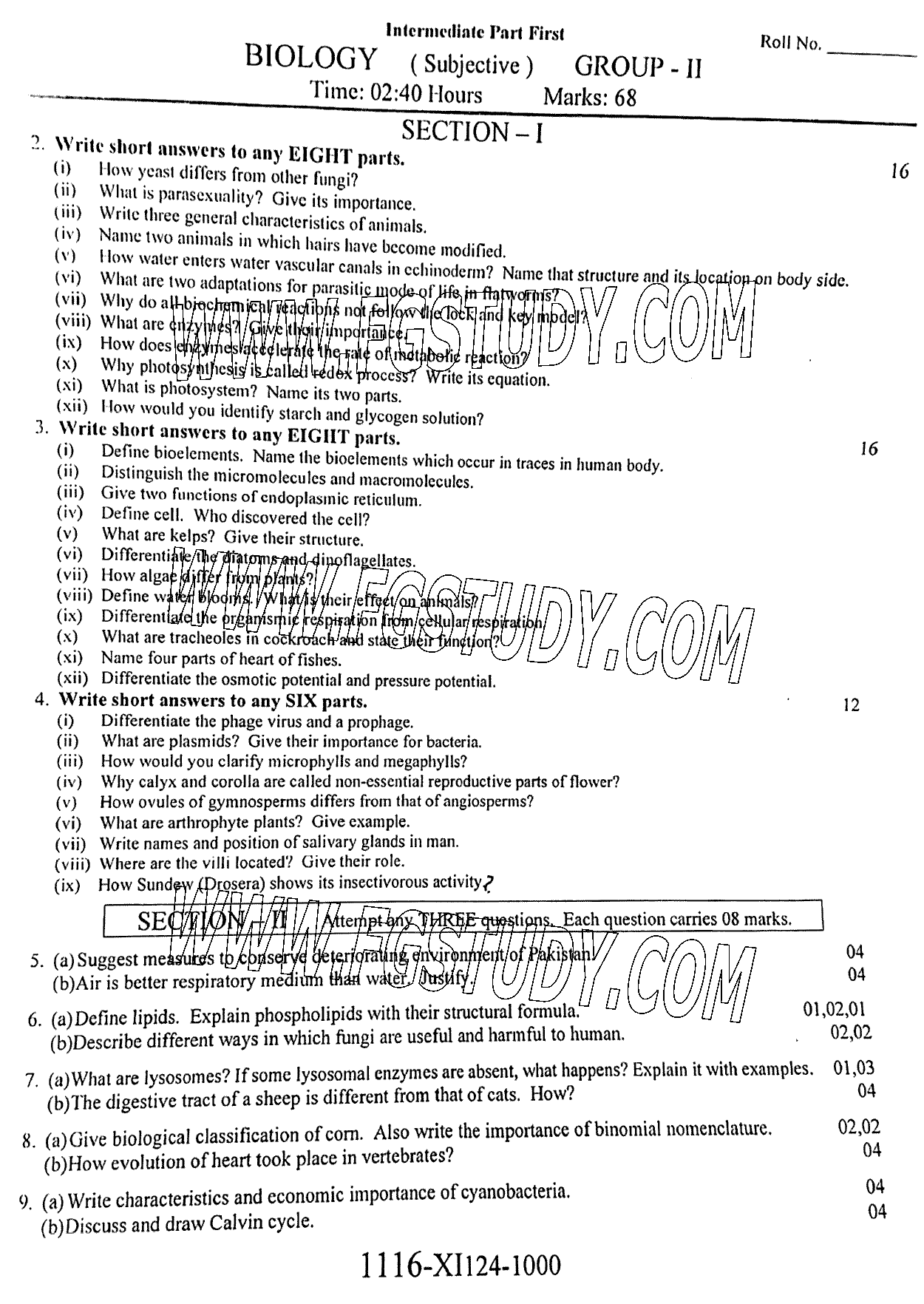 11th Class Biology Past Paper 2024 Faisalabad Board Group 2 Subjective