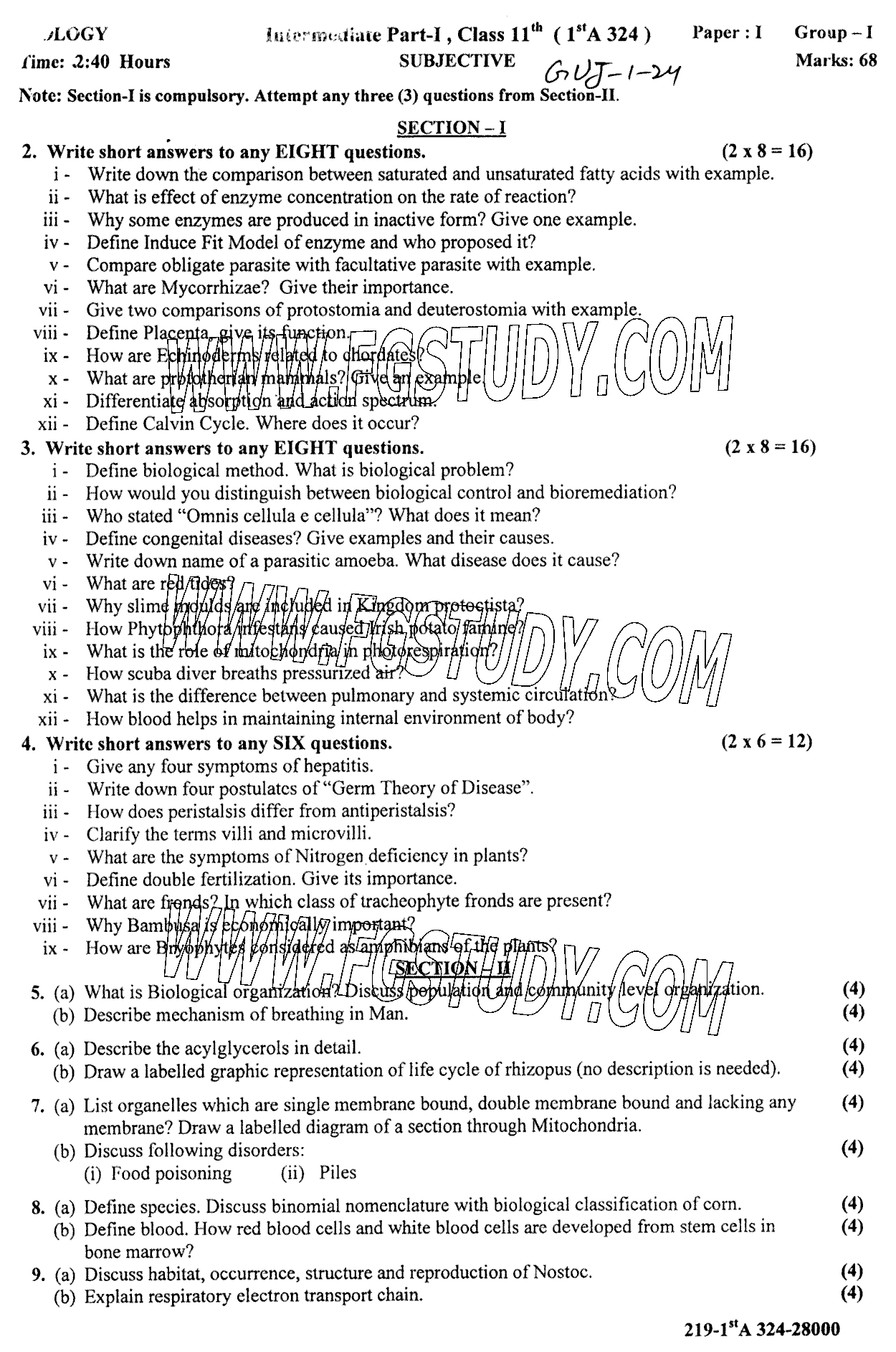 11th Class Biology Past Paper 2024 Gujranwala Board Group 1 Subjective