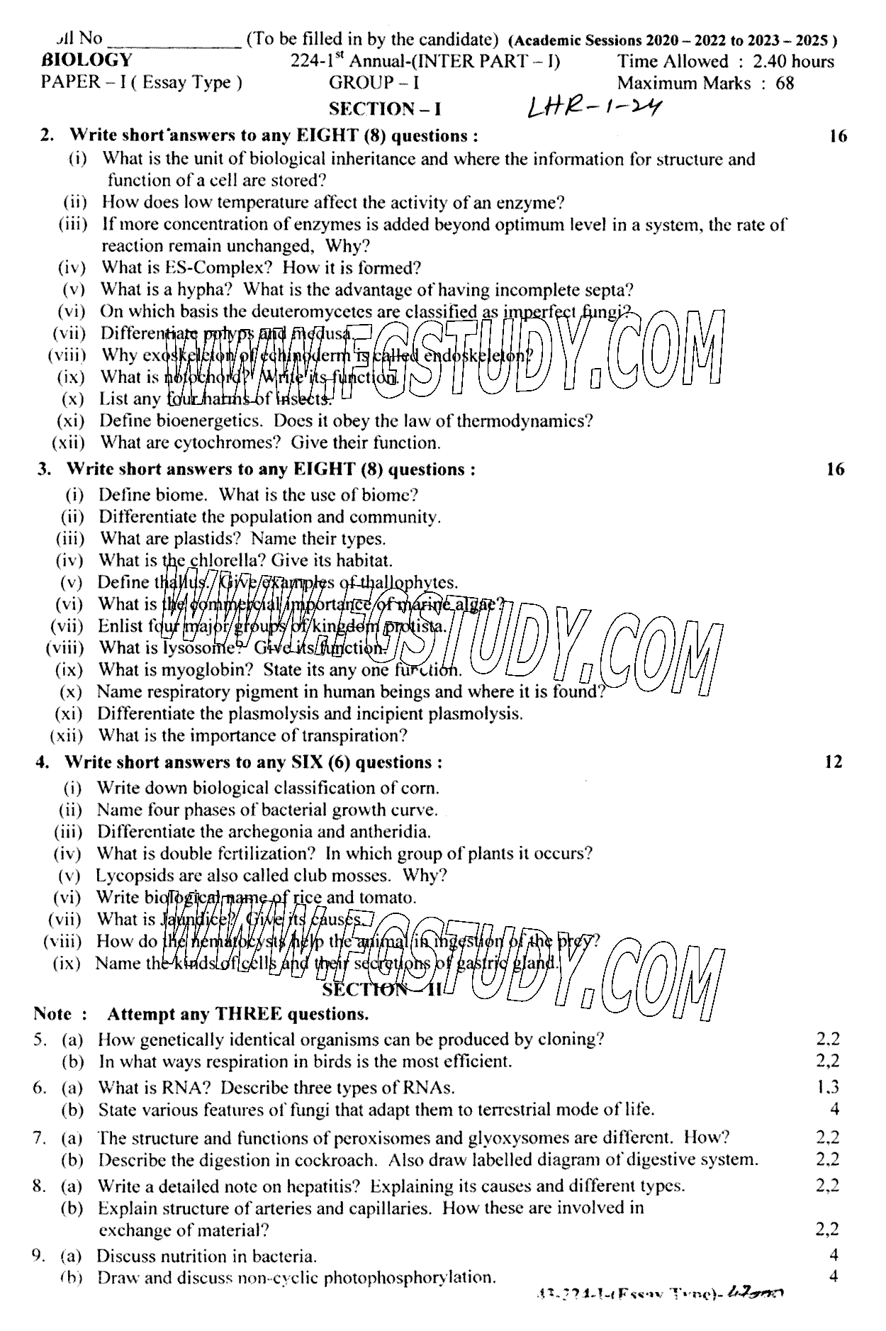 11th Class Biology Past Paper 2024 Lahore Board Group 1 Subjective