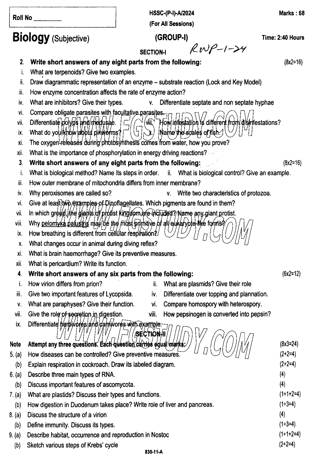 11th Class Biology Past Paper 2024 Rawalpindi Board Group 1 Subjective