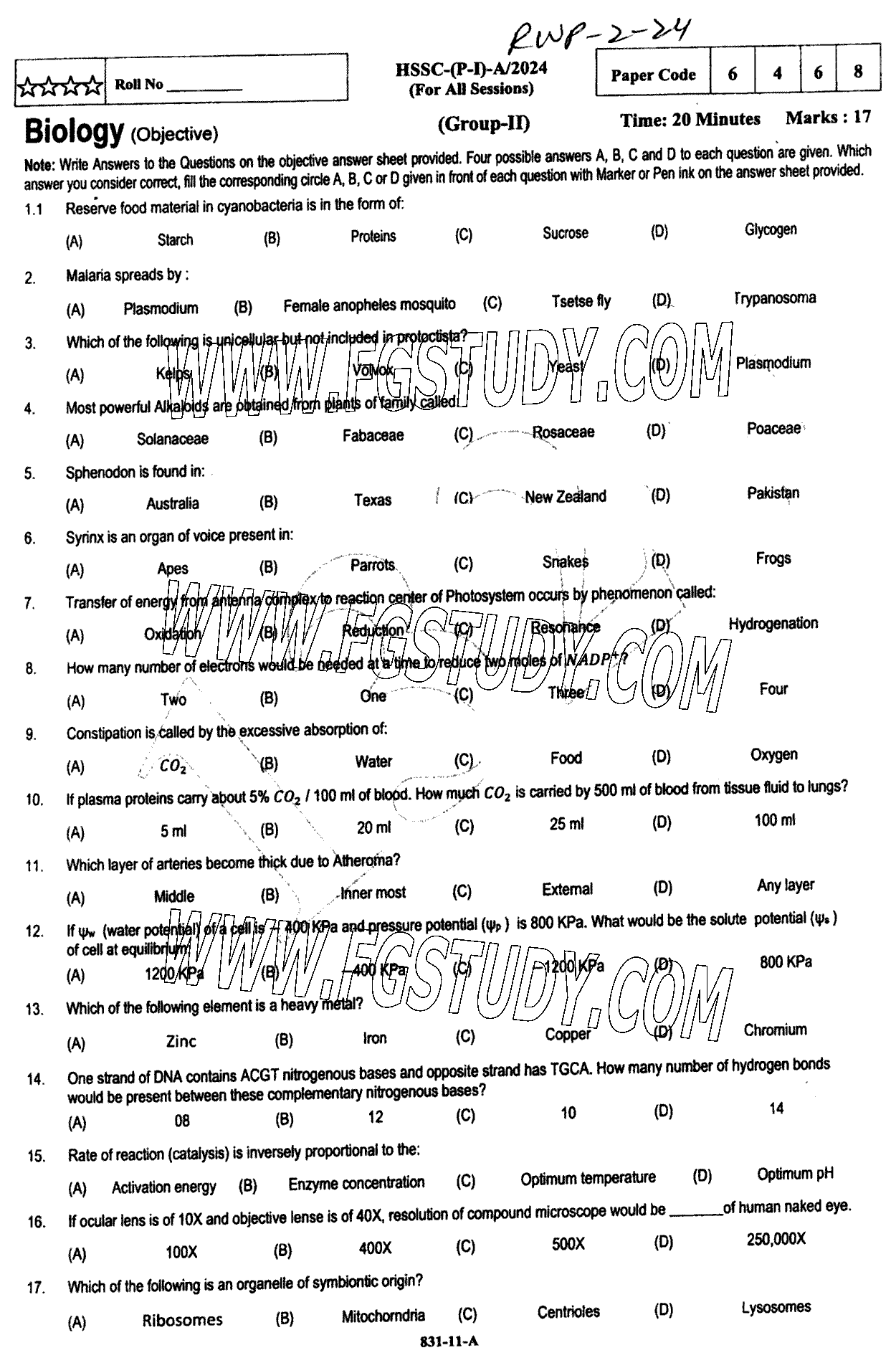 11th Class Biology Past Paper 2024 Rawalpindi Board Group 2 Objective