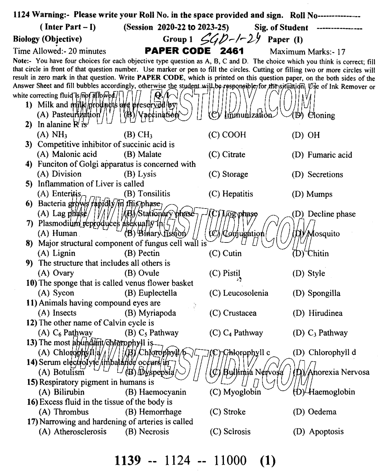 11th Class Biology Past Paper 2024 Sargodha Board Group 1 Objective