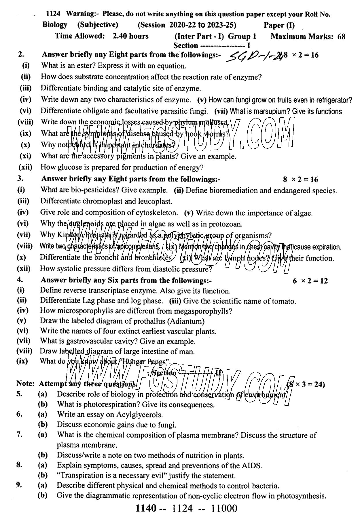 11th Class Biology Past Paper 2024 Sargodha Board Subjective