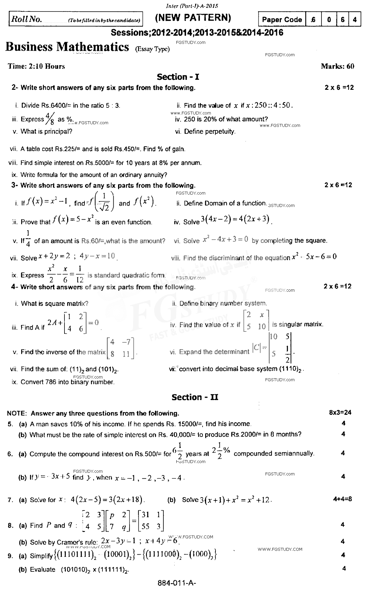 11th Class Business Mathematics Past Paper 2015 Rawalpindi Board Subjective