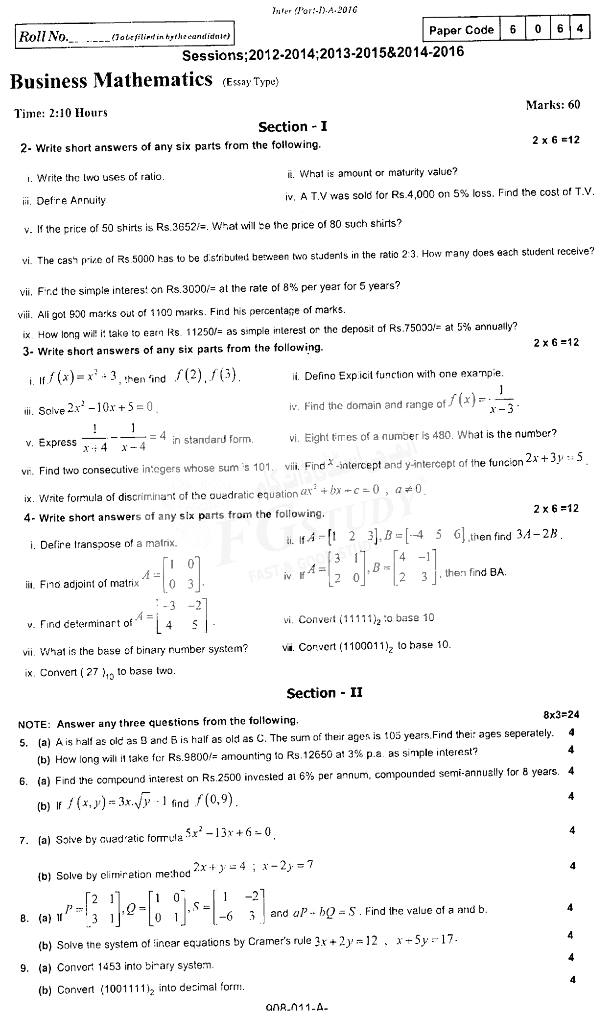 11th Class Business Mathematics Past Paper 2016 Rawalpindi Board Subjective