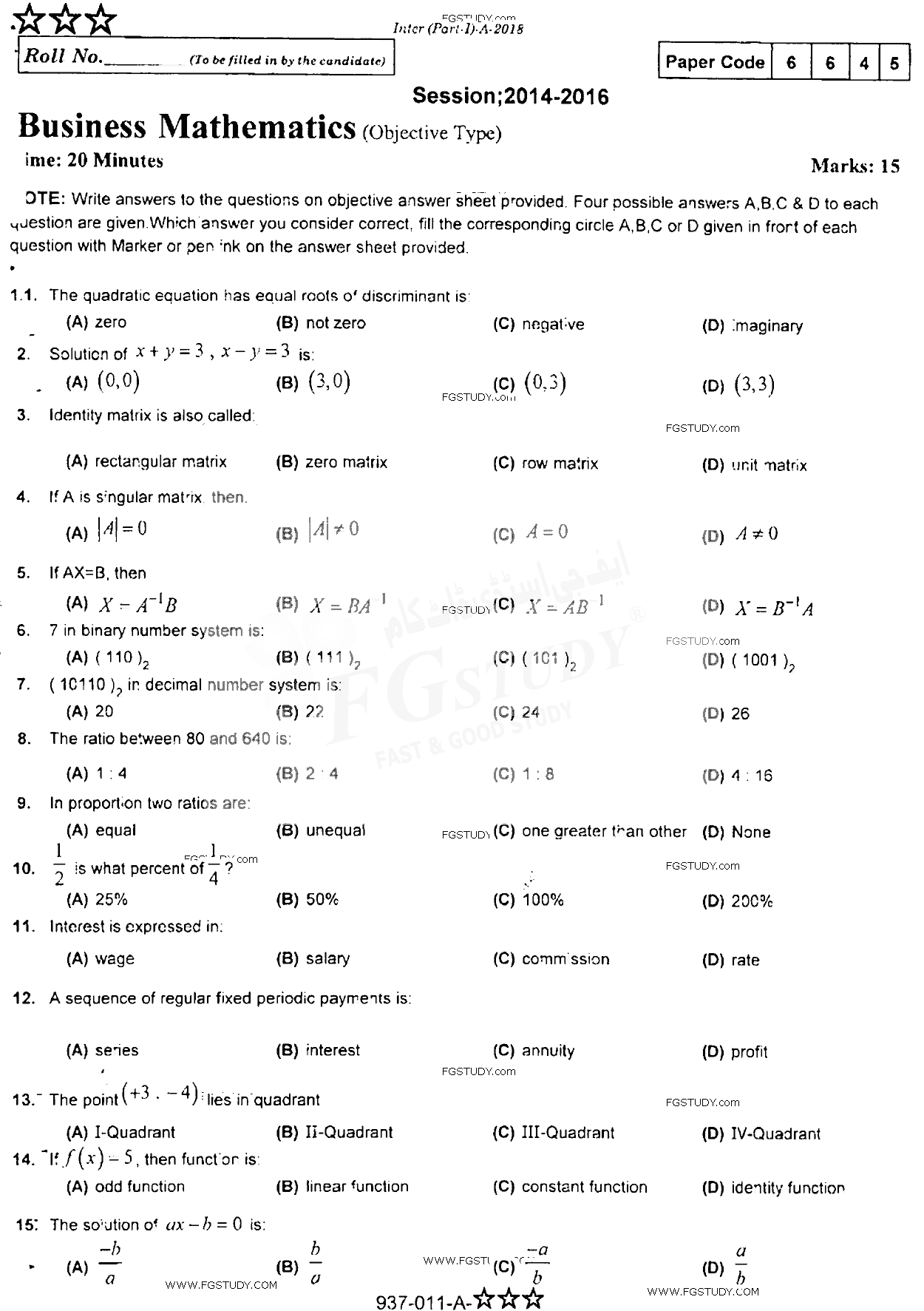 11th Class Business Mathematics Past Paper 2018 Rawalpindi Board Objective