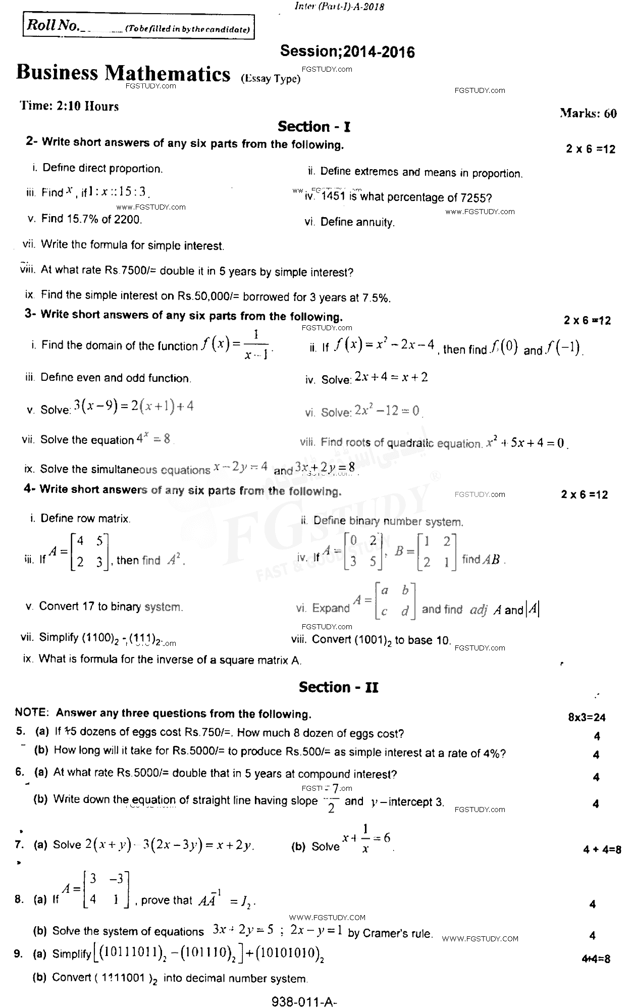 11th Class Business Mathematics Past Paper 2018 Rawalpindi Board Subjective