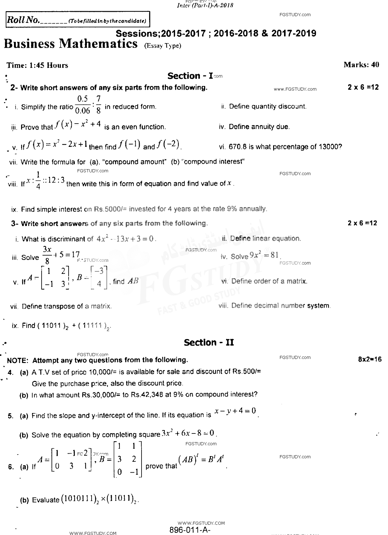 11th Class Business Mathematics Past Paper 2018 Rawalpindi Board Subjective