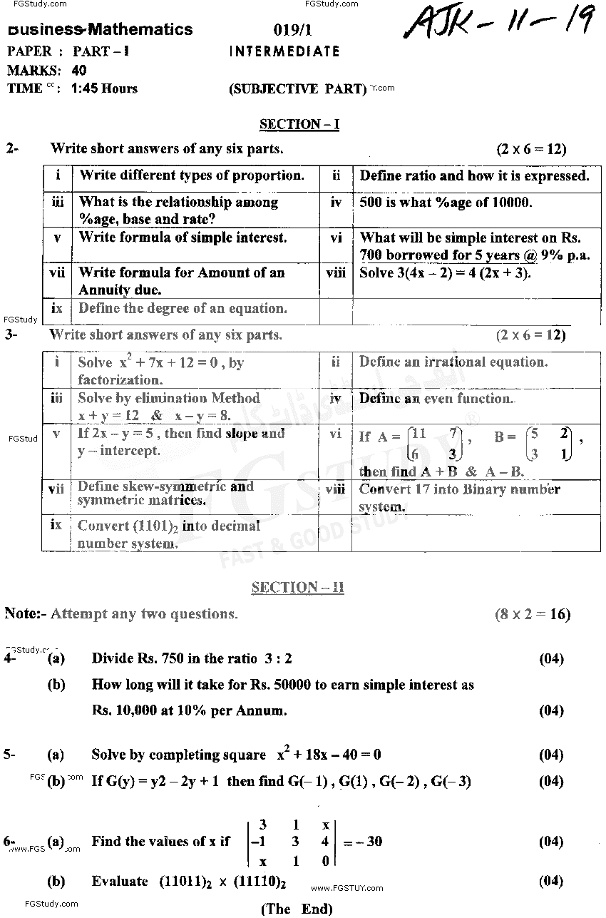 11th Class Business Mathematics Past Paper 2019 Ajk Board Subjective