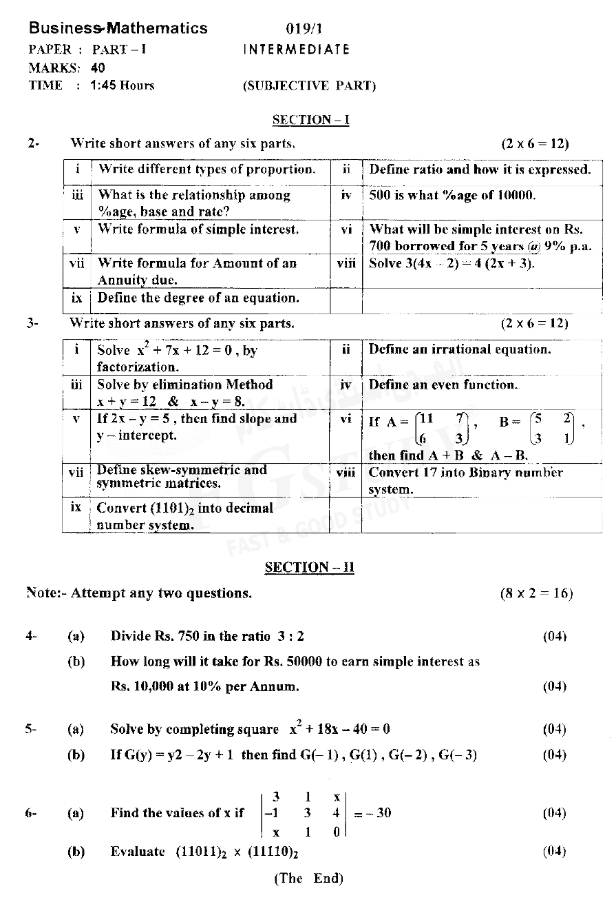 11th Class Business Mathematics Past Paper 2019 Ajk Board Group 1 Subjective