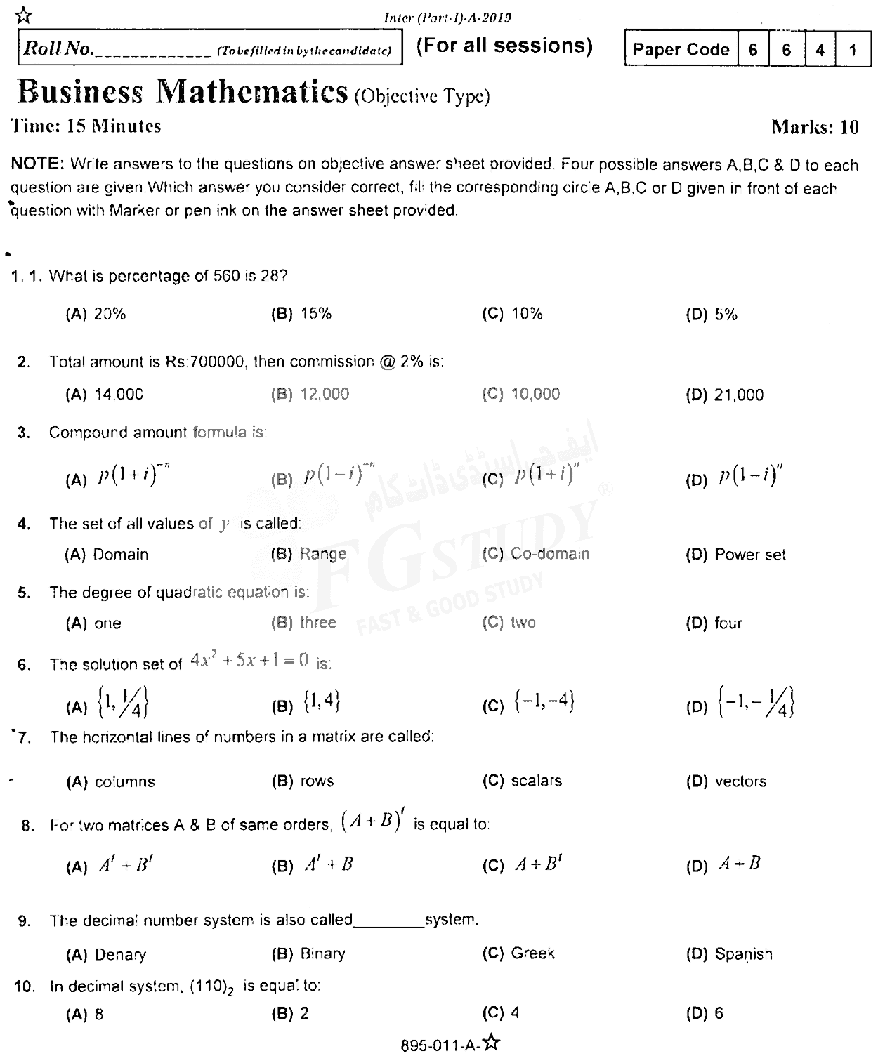 11th Class Business Mathematics Past Paper 2019 Rawalpindi Board Objective