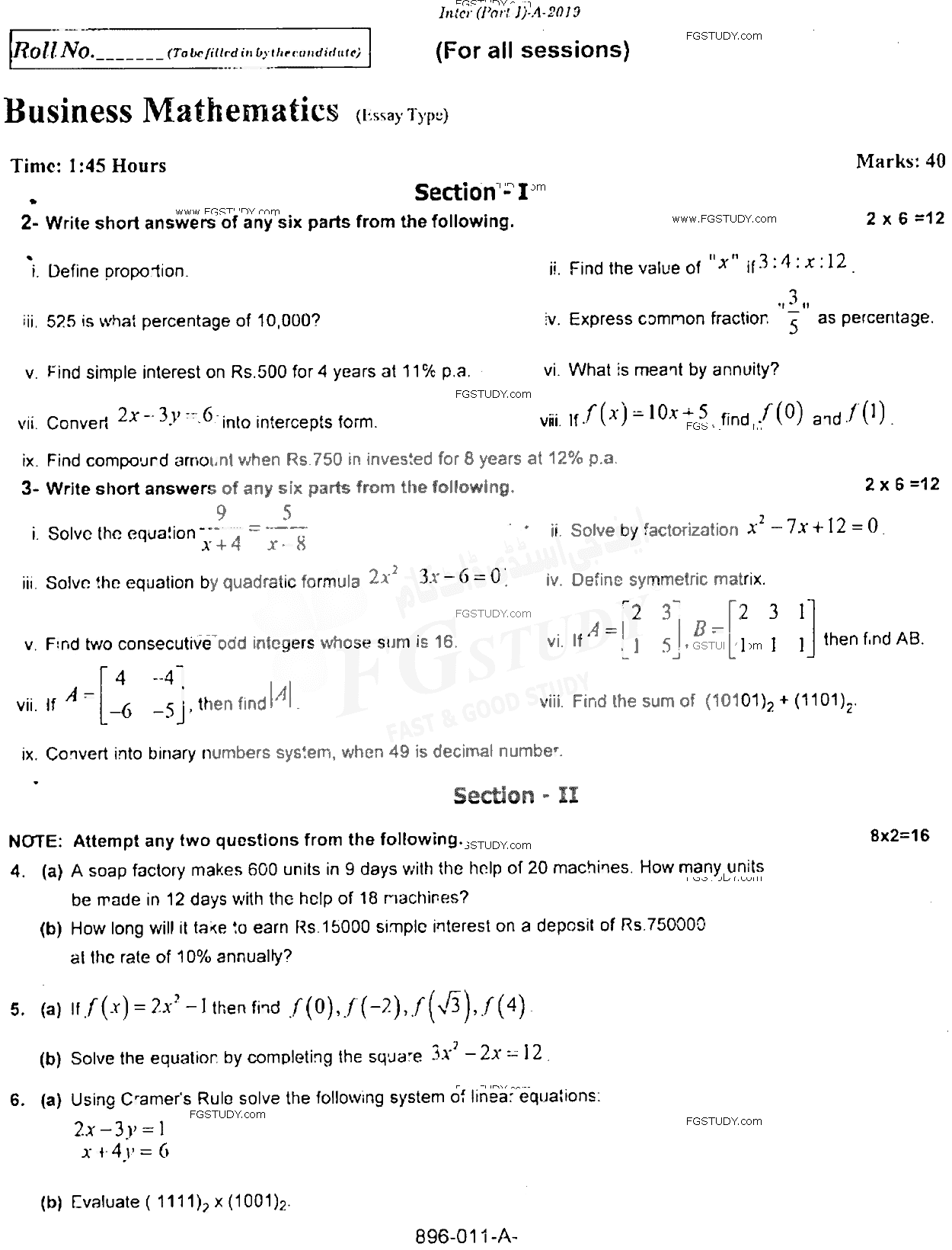 11th Class Business Mathematics Past Paper 2019 Rawalpindi Board Subjective