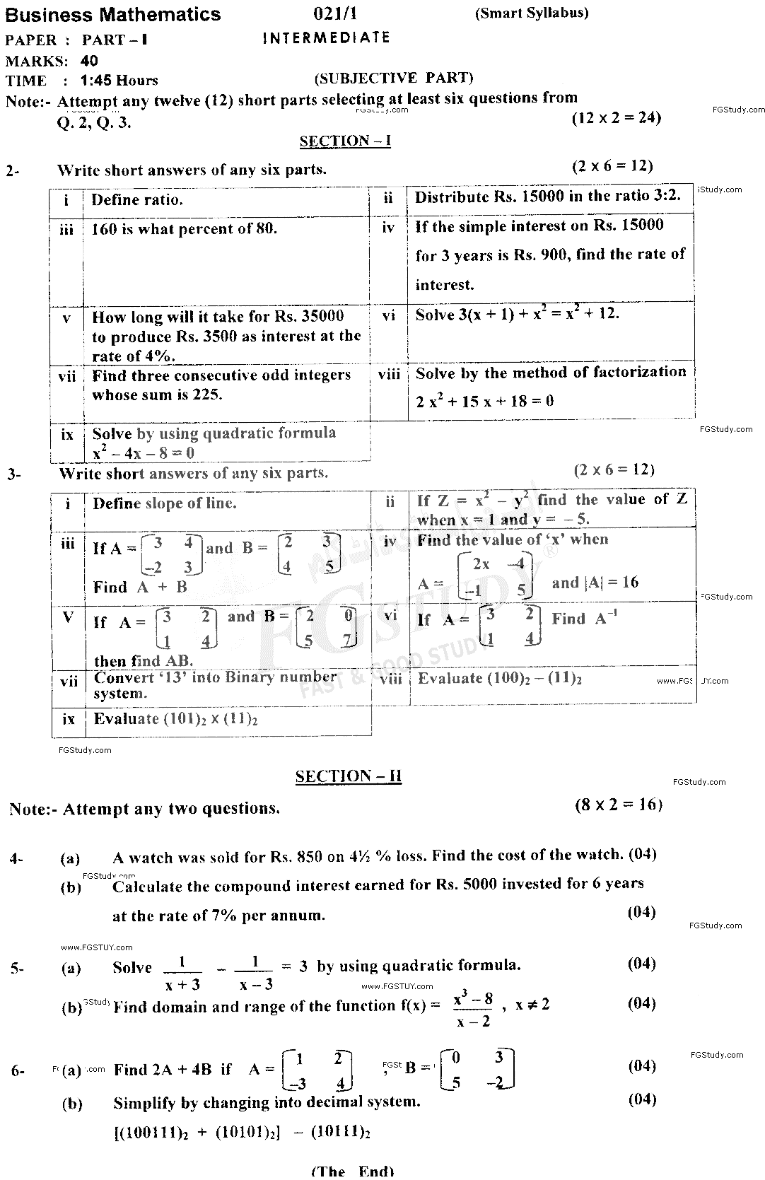 11th Class Business Mathematics Past Paper 2021 Ajk Board Subjective