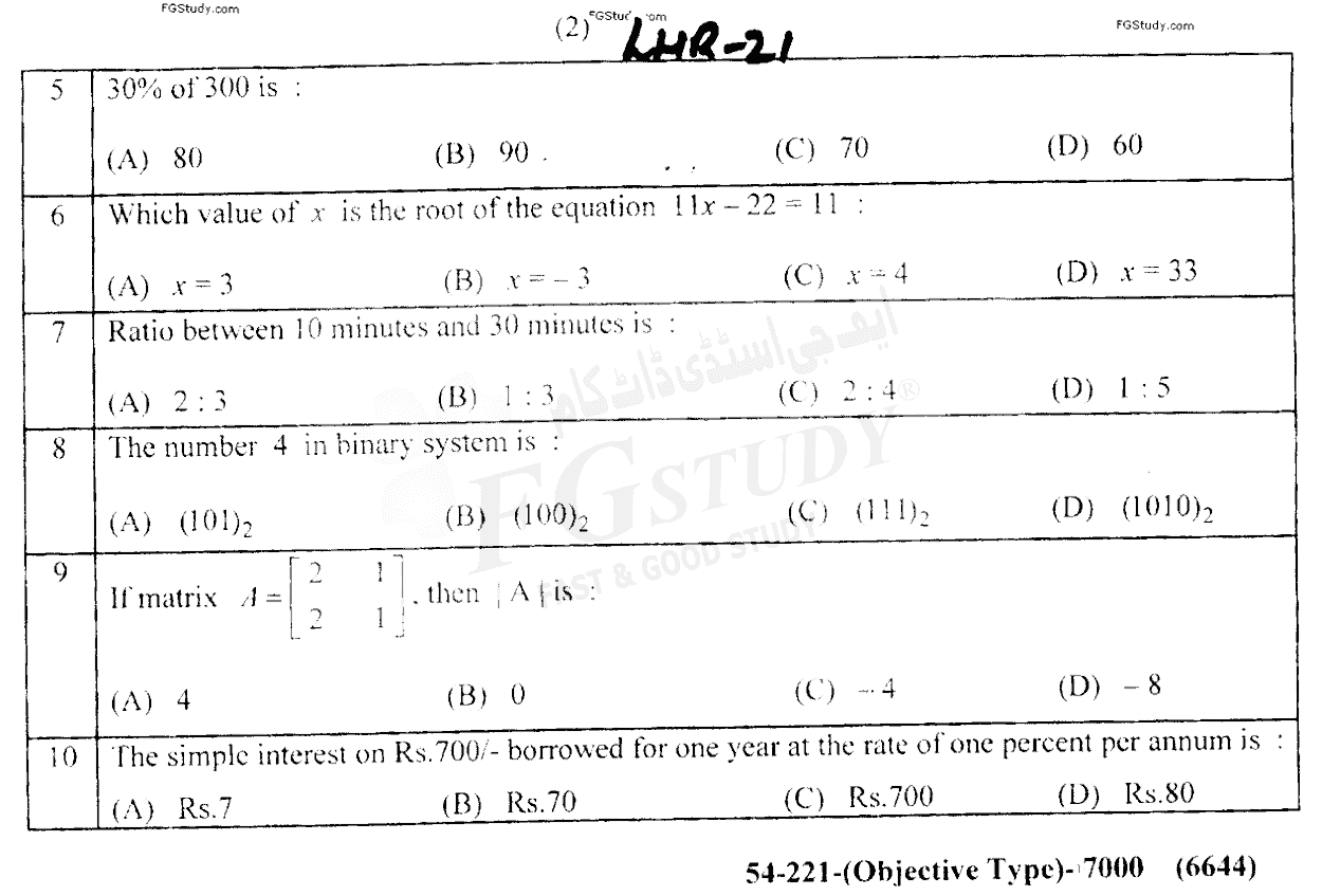 11th Class Business Mathematics Past Paper 2021 Lahore Board Group 1 Subjective