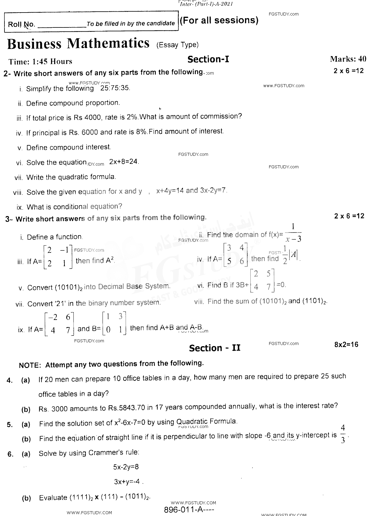 11th Class Business Mathematics Past Paper 2021 Rawalpindi Board Subjective