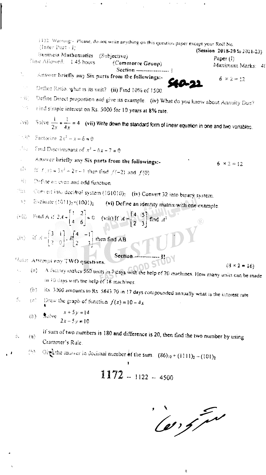 11th Class Business Mathematics Past Paper 2022 Sargodha Board Subjective