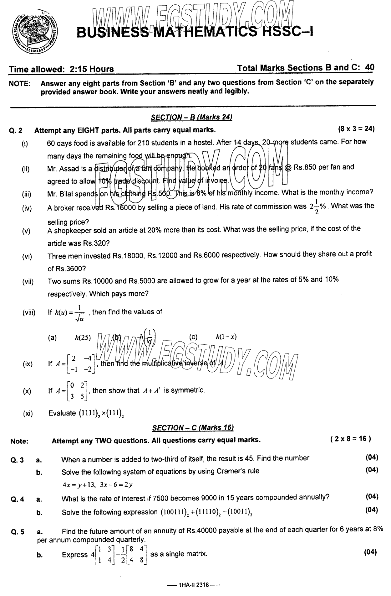 11th Class Business Mathematics Past Paper 2023 Federal Board Islamabad Subjective