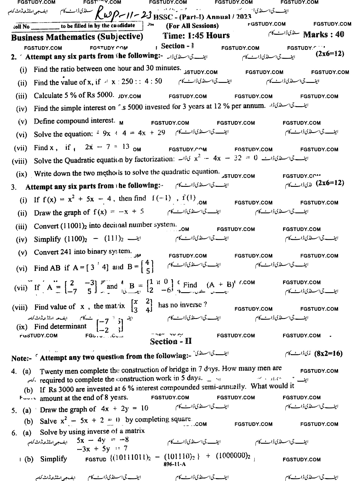 11th Class Business Mathematics Past Paper 2023 Rawalpindi Board Subjective