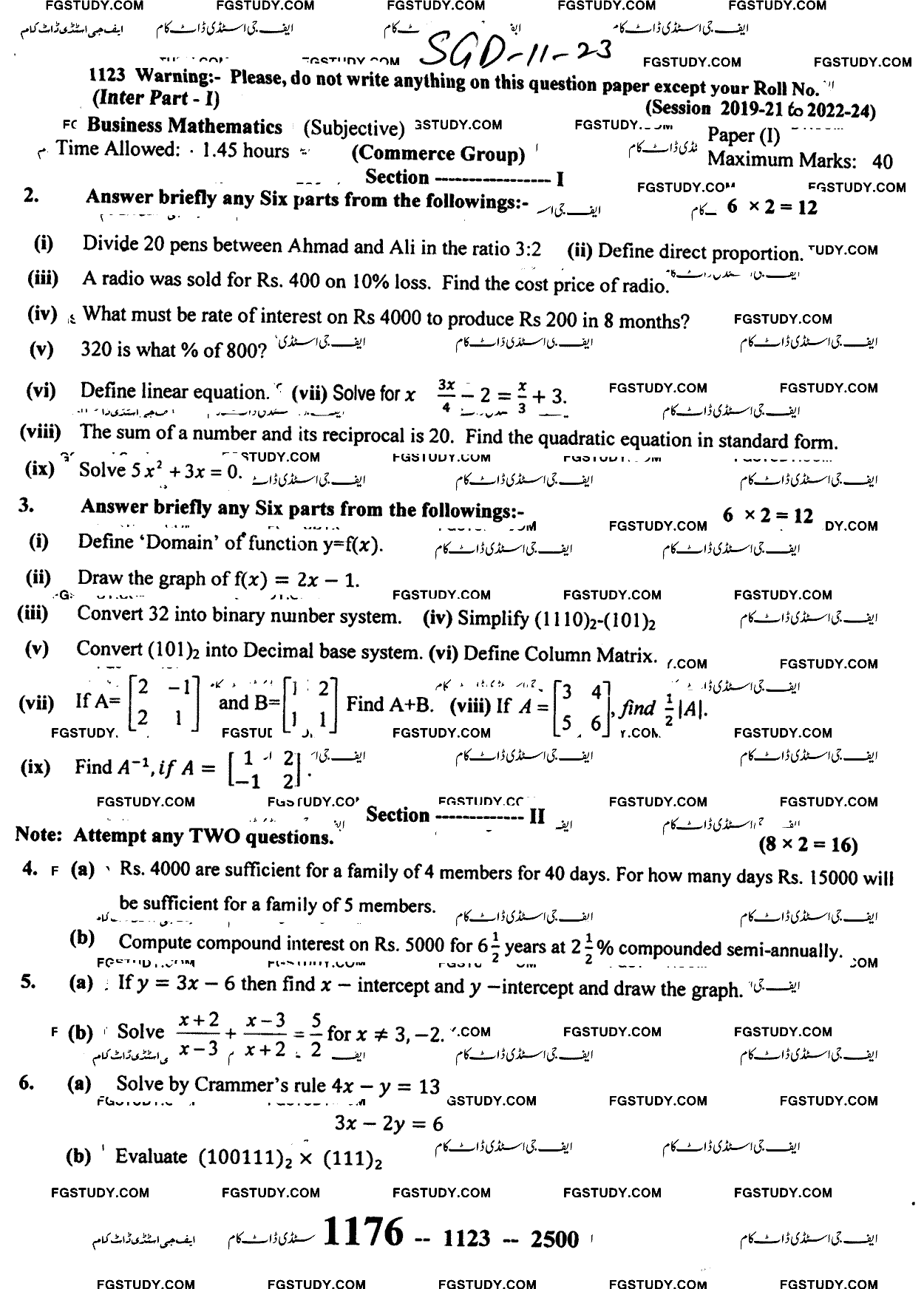11th Class Business Mathematics Past Paper 2023 Sargodha Board Subjective