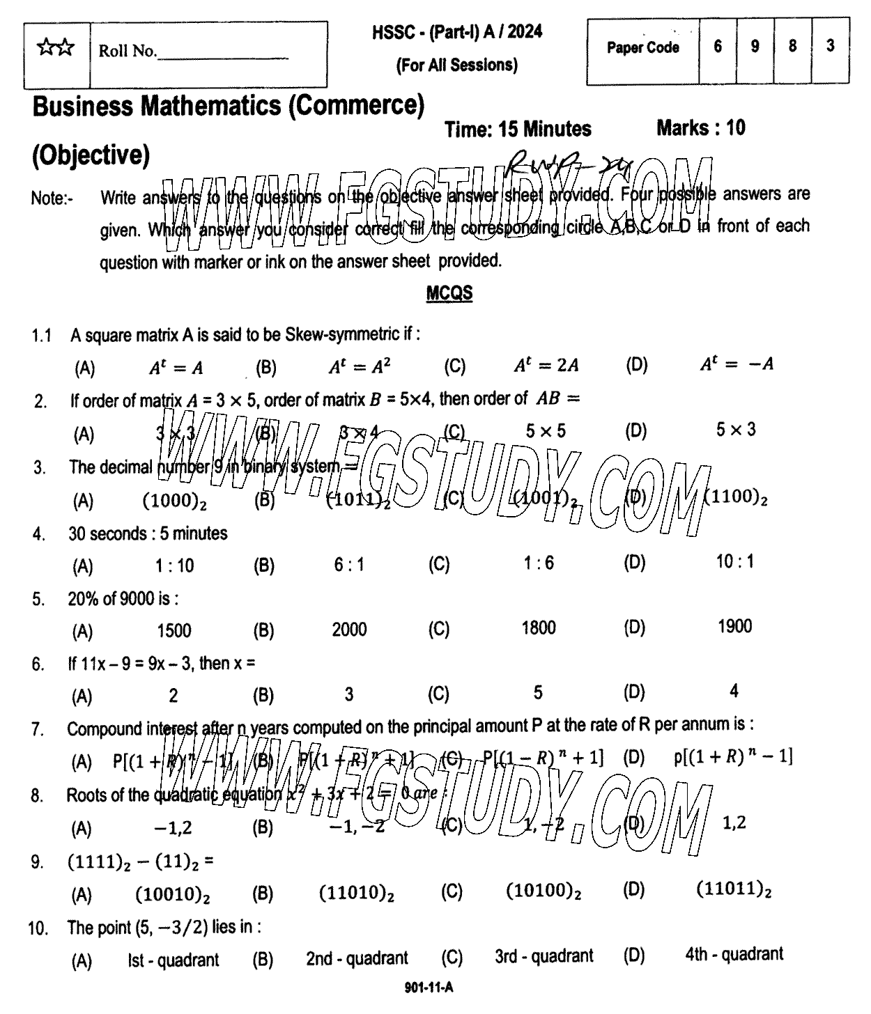 11th Class Business Mathematics Past Paper 2024 Rawalpindi Board Objective