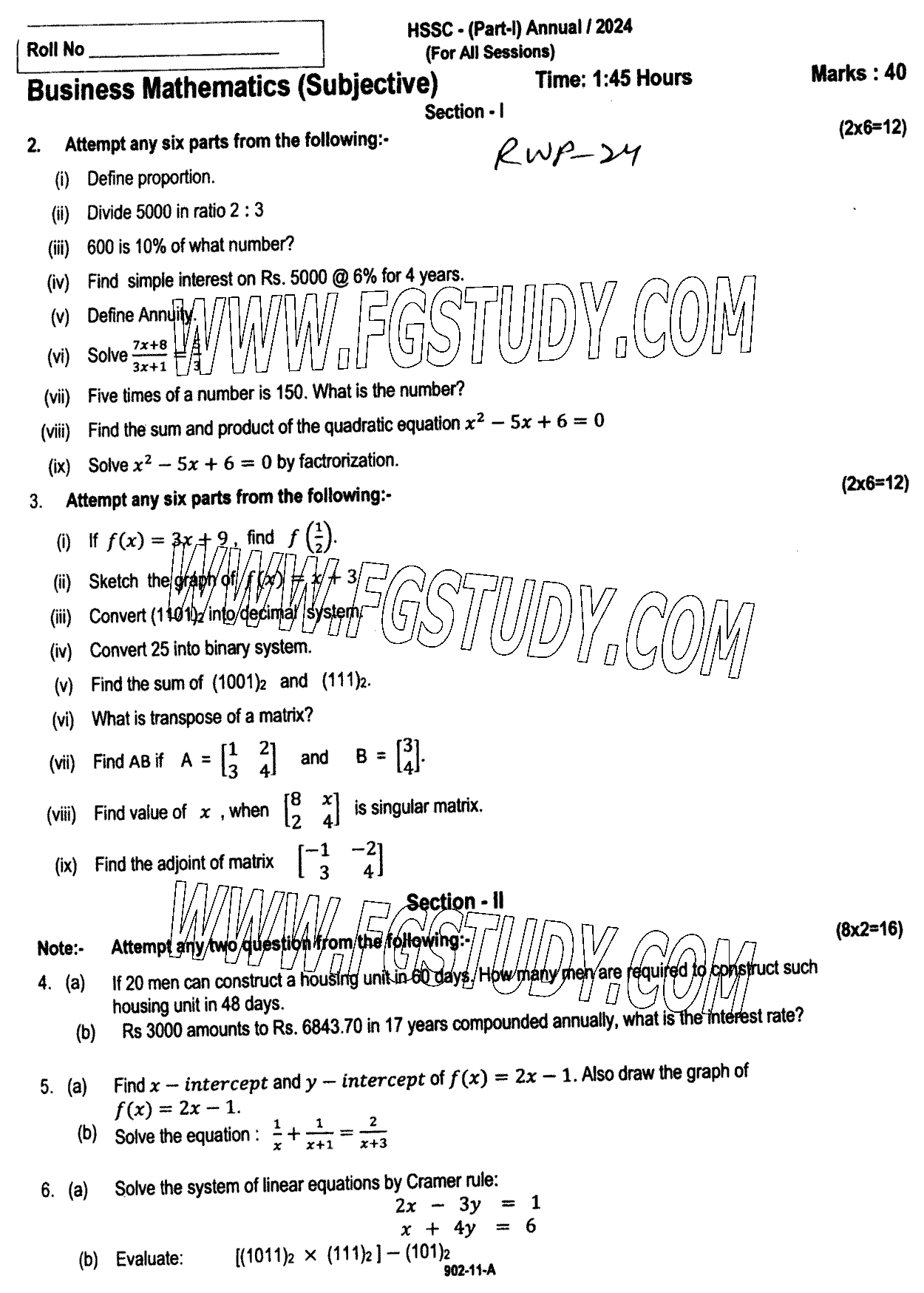 11th Class Business Mathematics Past Paper 2024 Rawalpindi Board Subjective