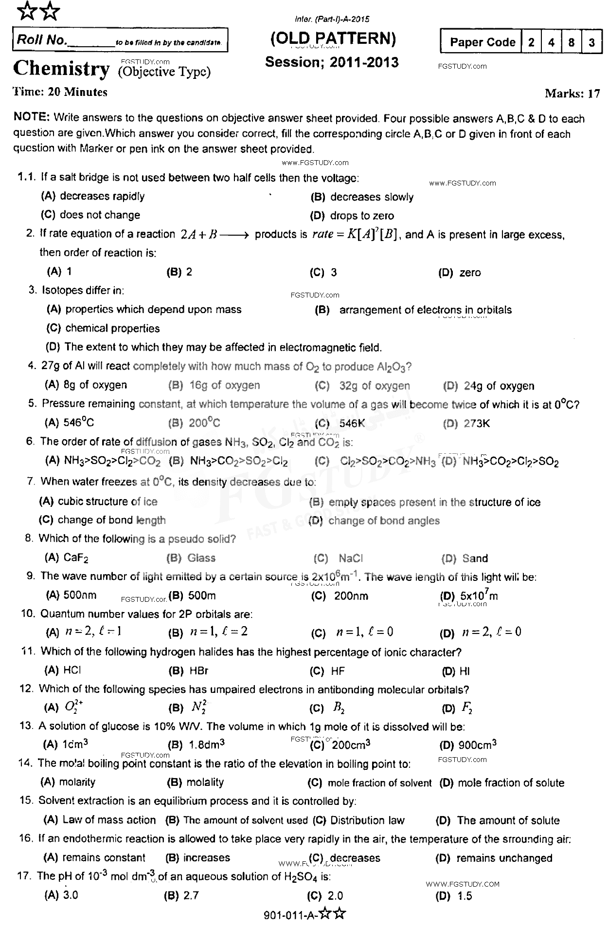 11th Class Chemistry Past Paper 2015 Rawalpindi Board Objective