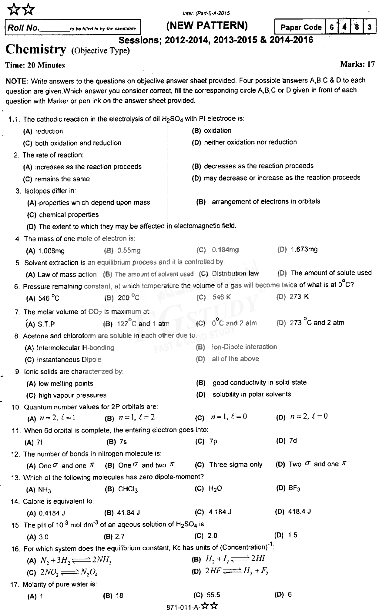 11th Class Chemistry Past Paper 2015 Rawalpindi Board Objective