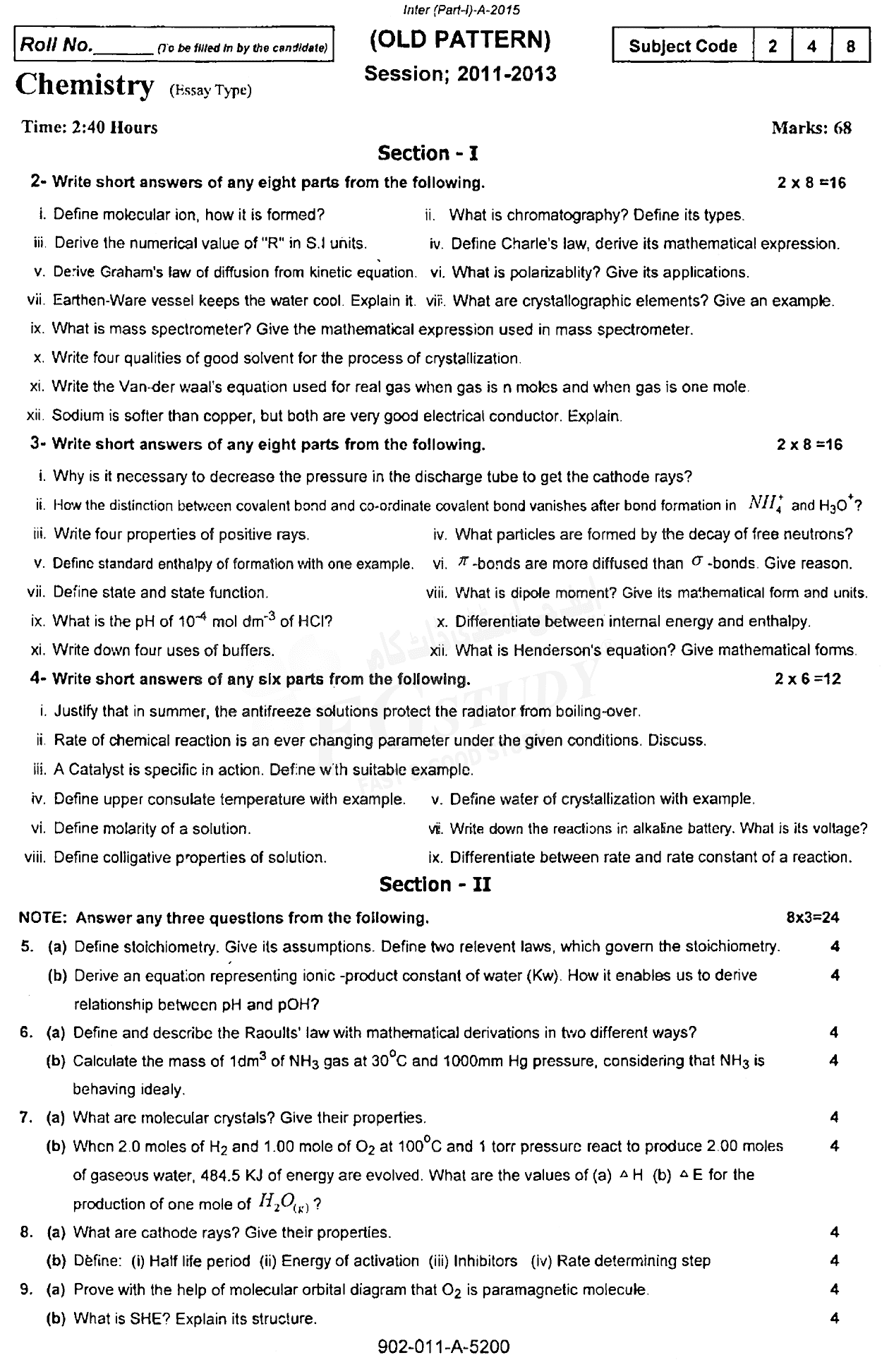 11th Class Chemistry Past Paper 2015 Rawalpindi Board Subjective