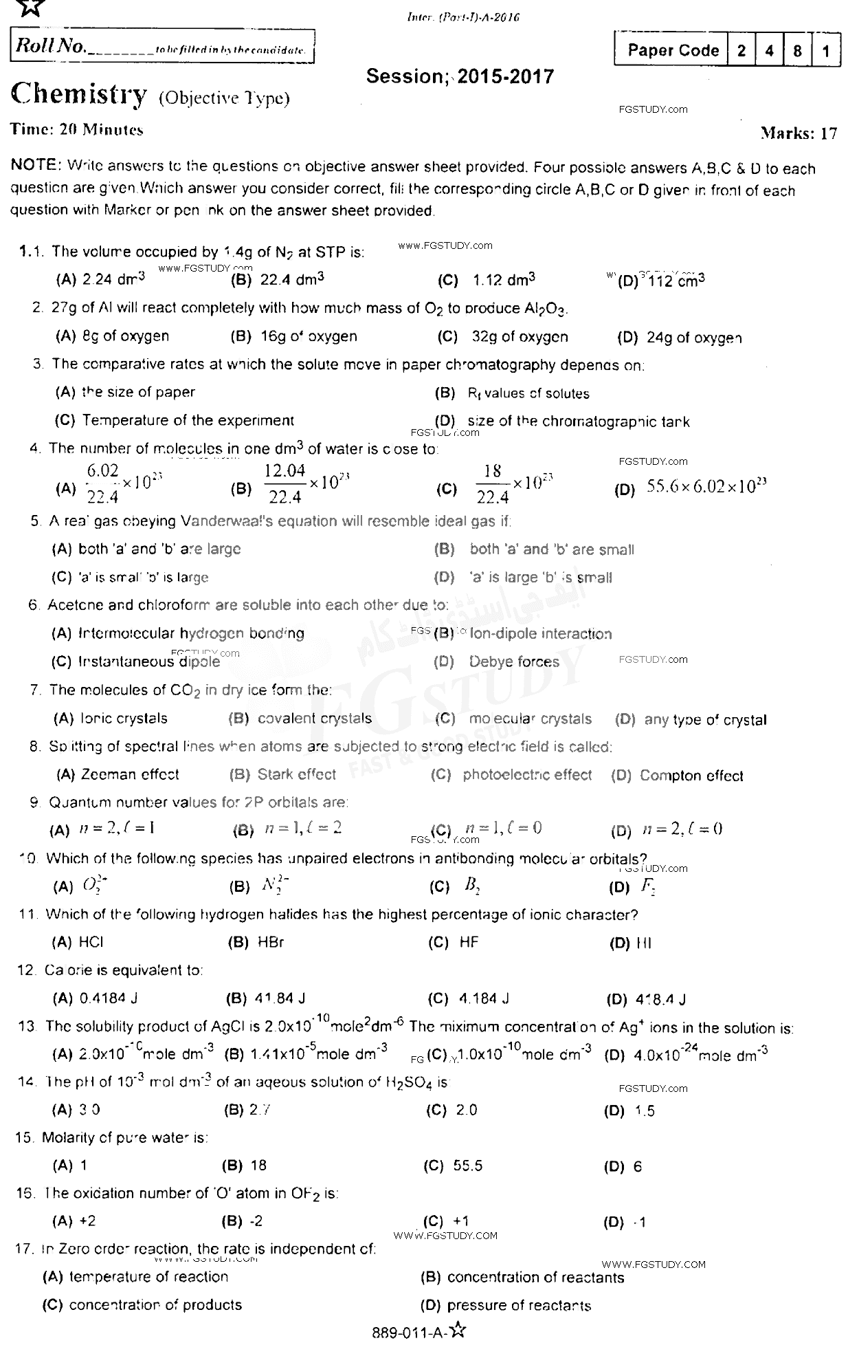11th Class Chemistry Past Paper 2016 Rawalpindi Board Objective