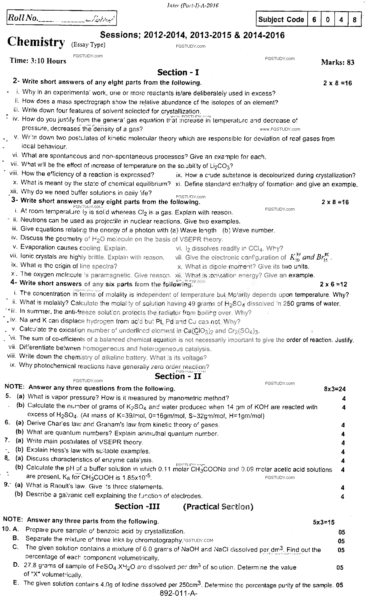 11th Class Chemistry Past Paper 2016 Rawalpindi Board Subjective
