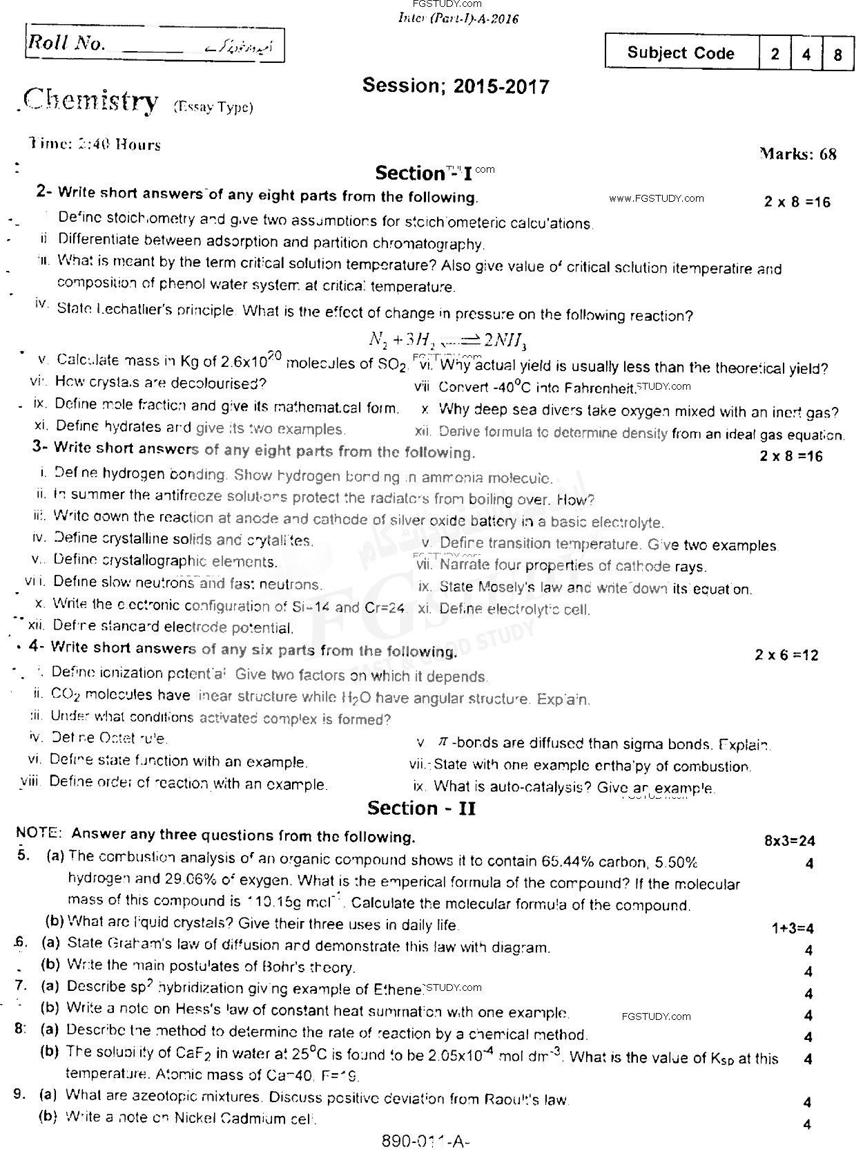 11th Class Chemistry Past Paper 2016 Rawalpindi Board Subjective
