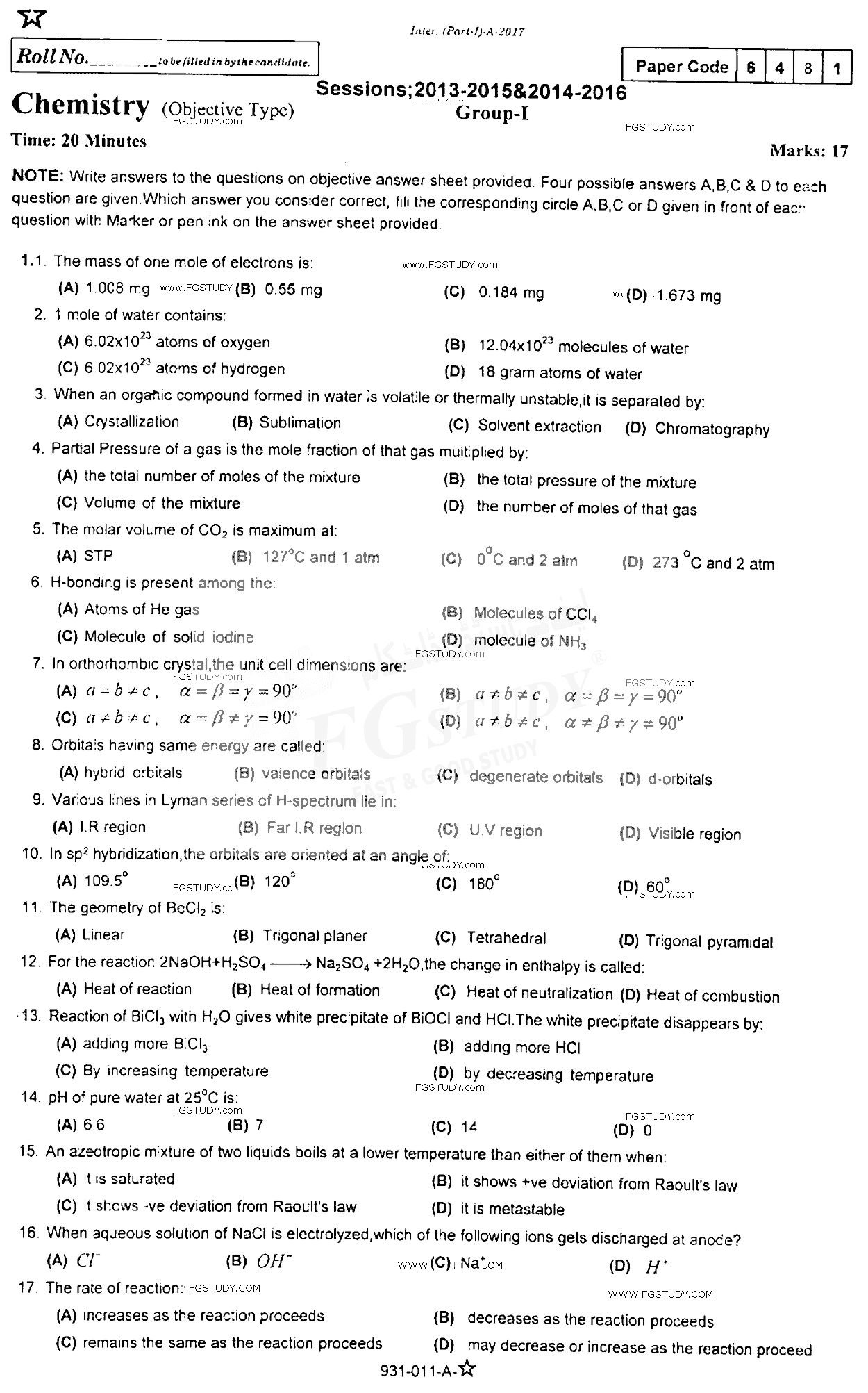 11th Class Chemistry Past Paper 2017 Rawalpindi Board Group 1 Objective