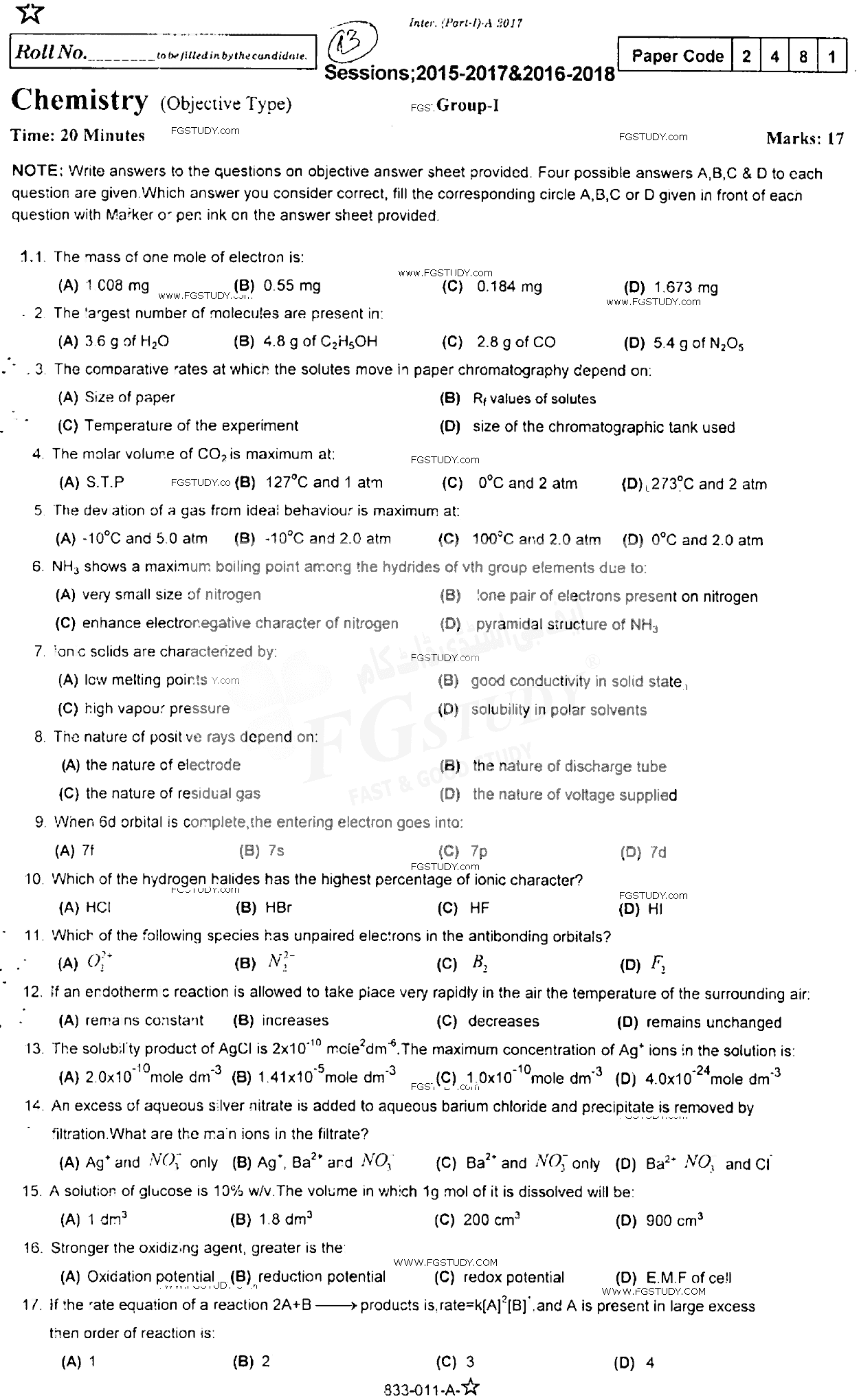 11th Class Chemistry Past Paper 2017 Rawalpindi Board Group 1 Objective